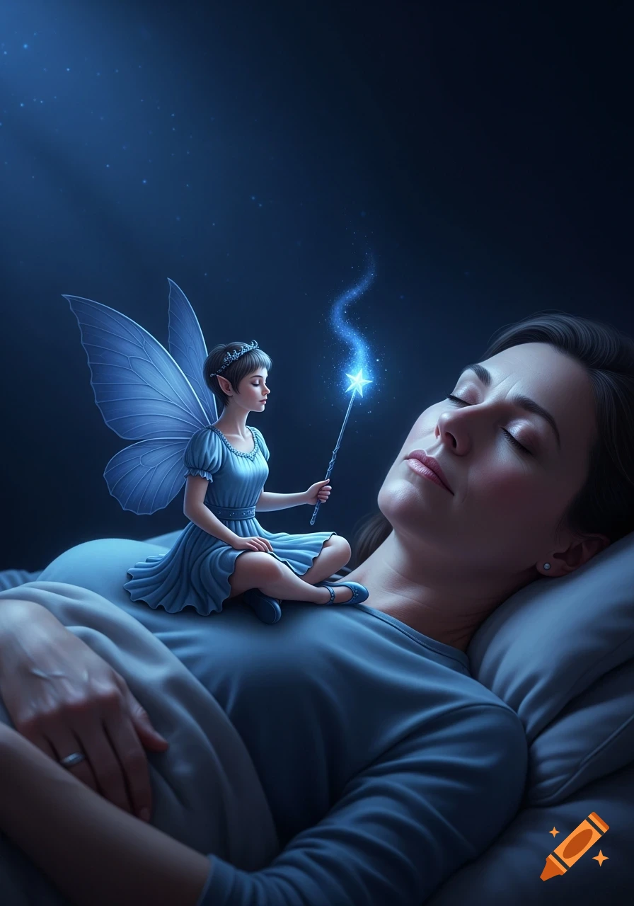 A tiny fairy with blue wings sits cross-legged on a sleeping woman's chest, holding a glowing magic wand in a dark, blue-lit fantasy scene.