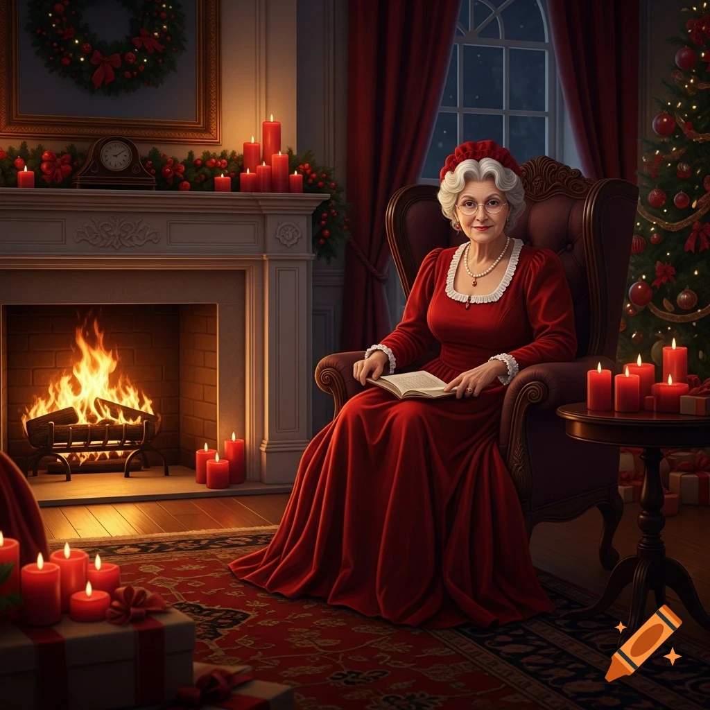 Mrs. Claus reads a book by a roaring fireplace in a festive room with a Christmas tree and candles.
