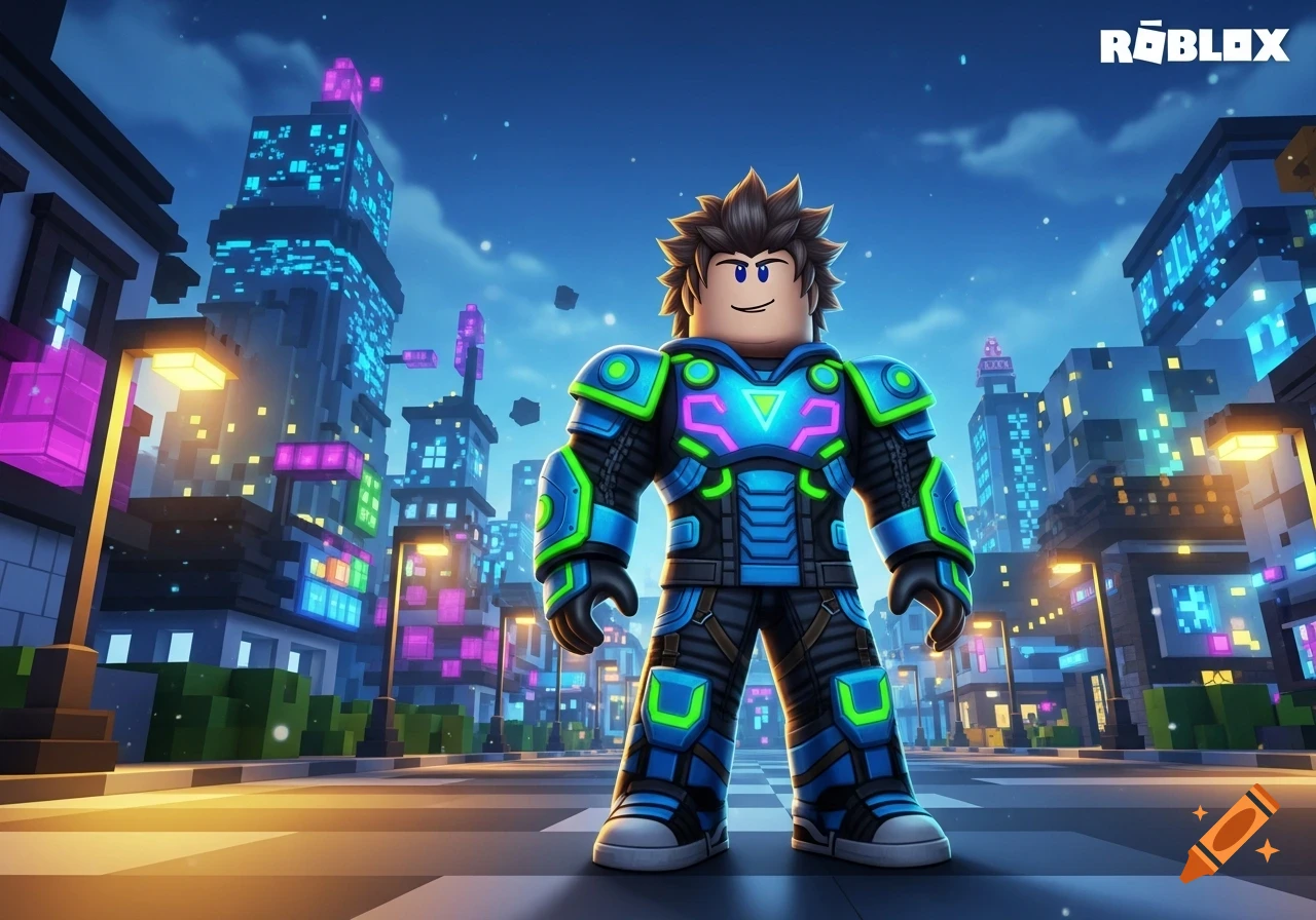 A Roblox character in a blue and neon green armored suit stands in a futuristic, pixelated city at night.