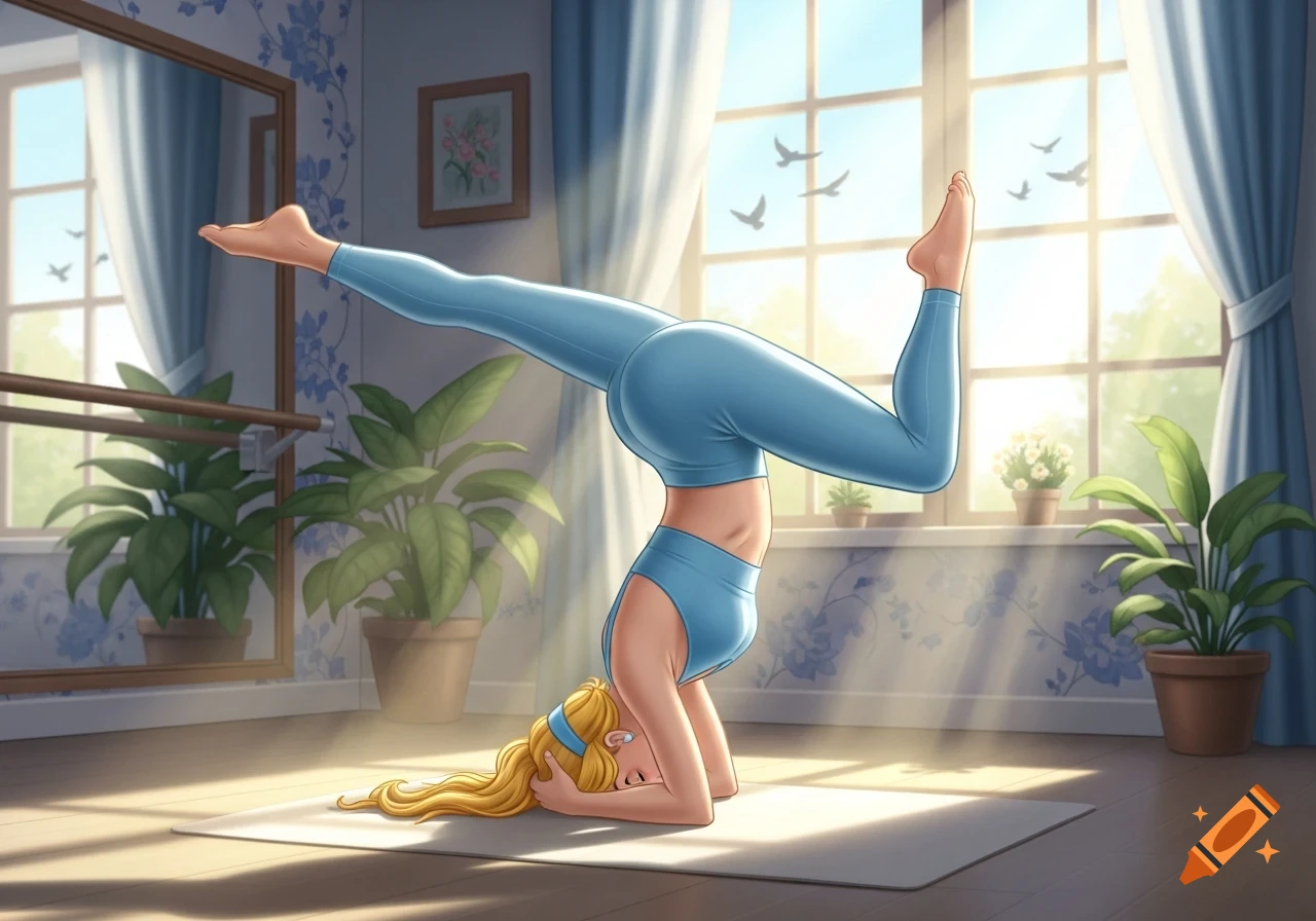 Illustrated Cinderella in sky blue activewear doing a headstand on a yoga mat in a sunny room with plants and a window.