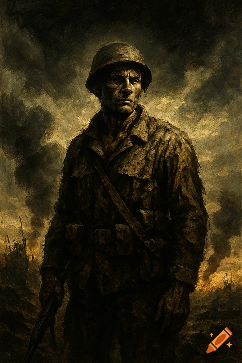 Grim-faced soldier in helmet and uniform stands against a dark, smoky, war-torn background in a dramatic, painterly style.