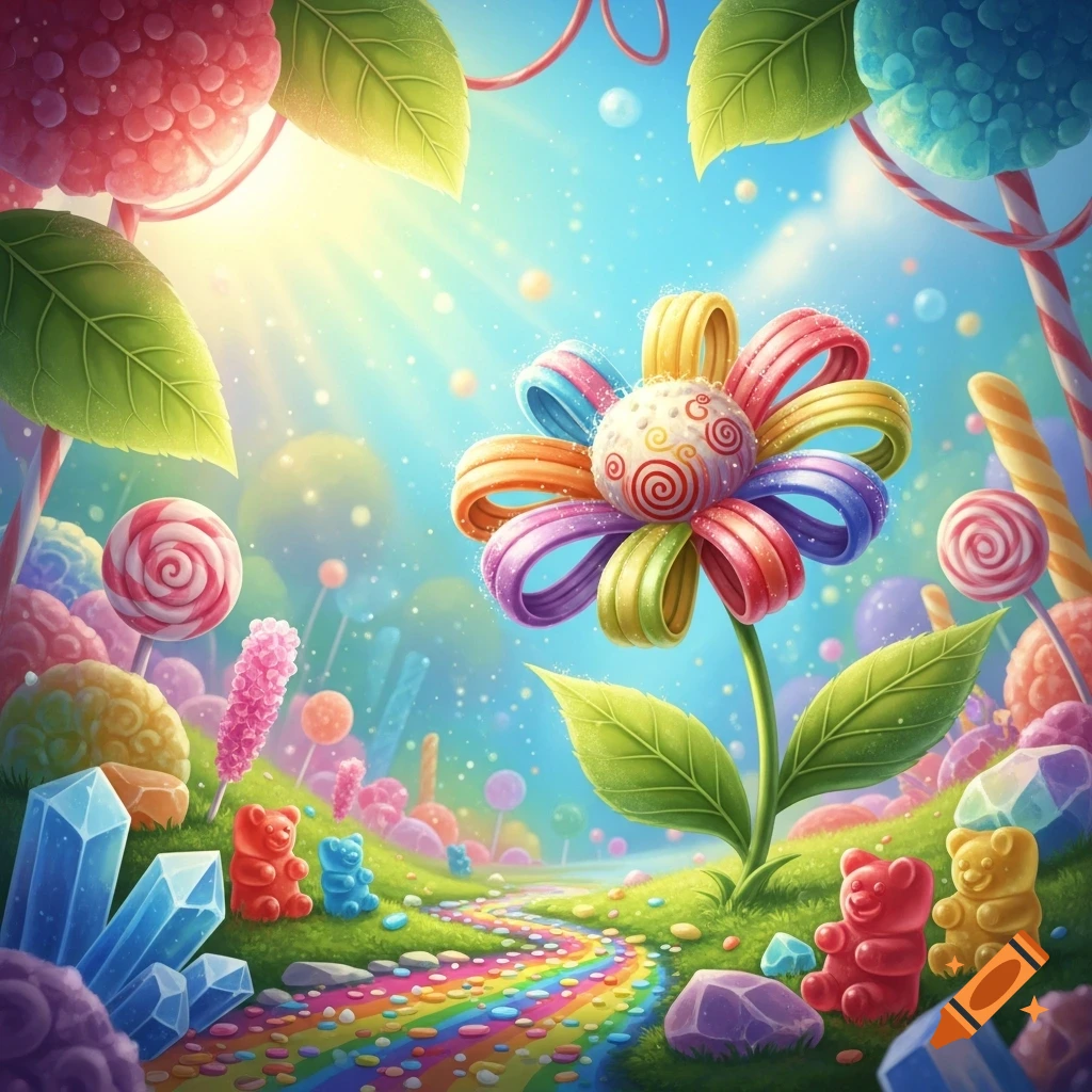 A vibrant fantasy candy land with a large, colorful flower made of ribbons, a rainbow path, gummy bears, lollipops, and candy crystals under a sunny sky.