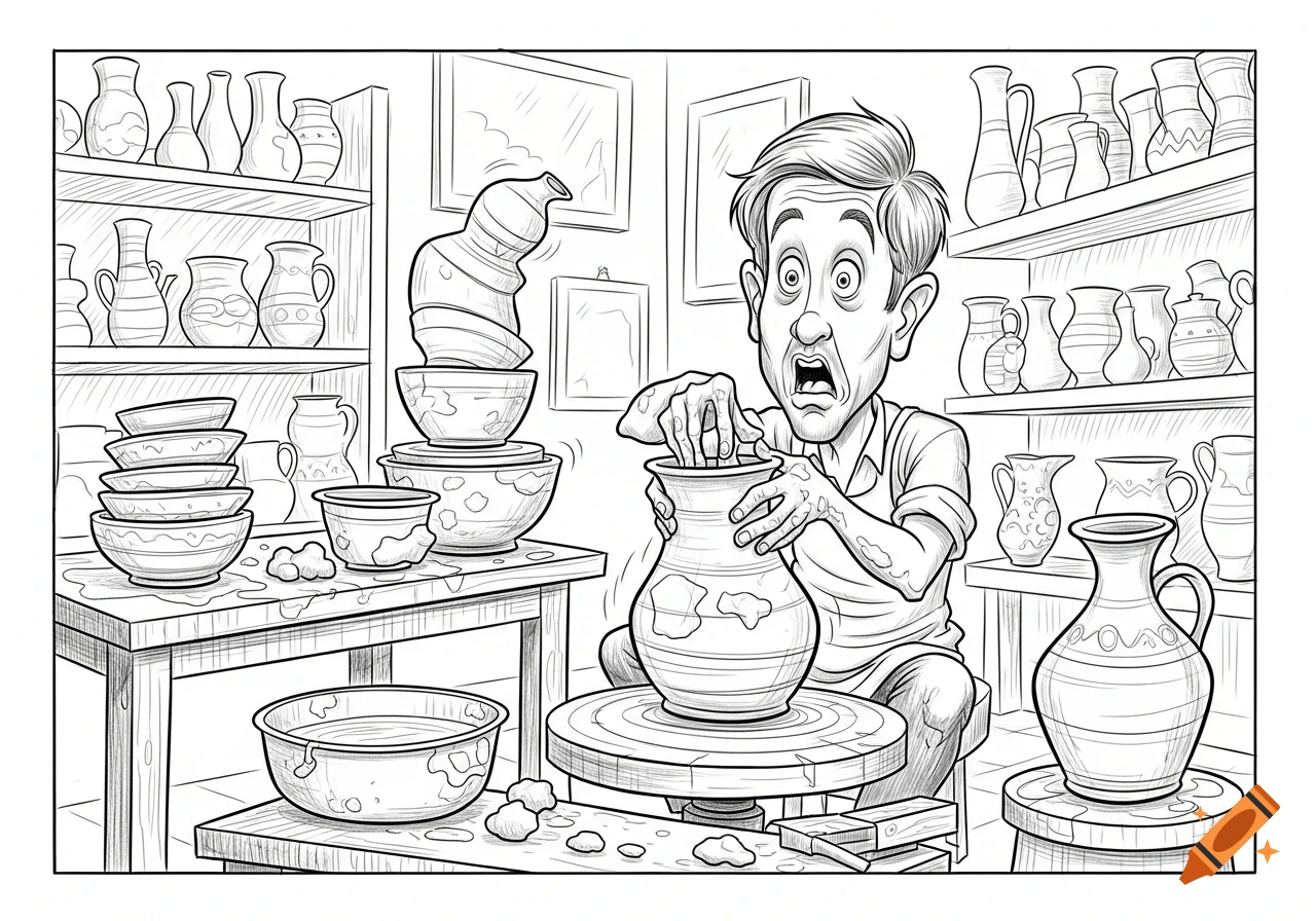 Black and white cartoon caricature of a stressed potter in a studio, surrounded by toppled and distorted pottery, as things go wrong.