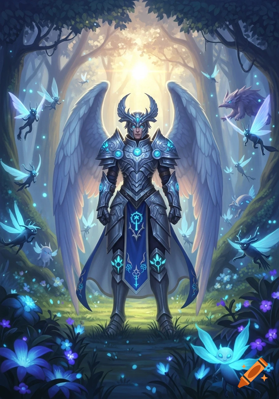 An armored angelic warden with large wings stands in a magical forest filled with glowing blue fairy-like creatures and ethereal light.