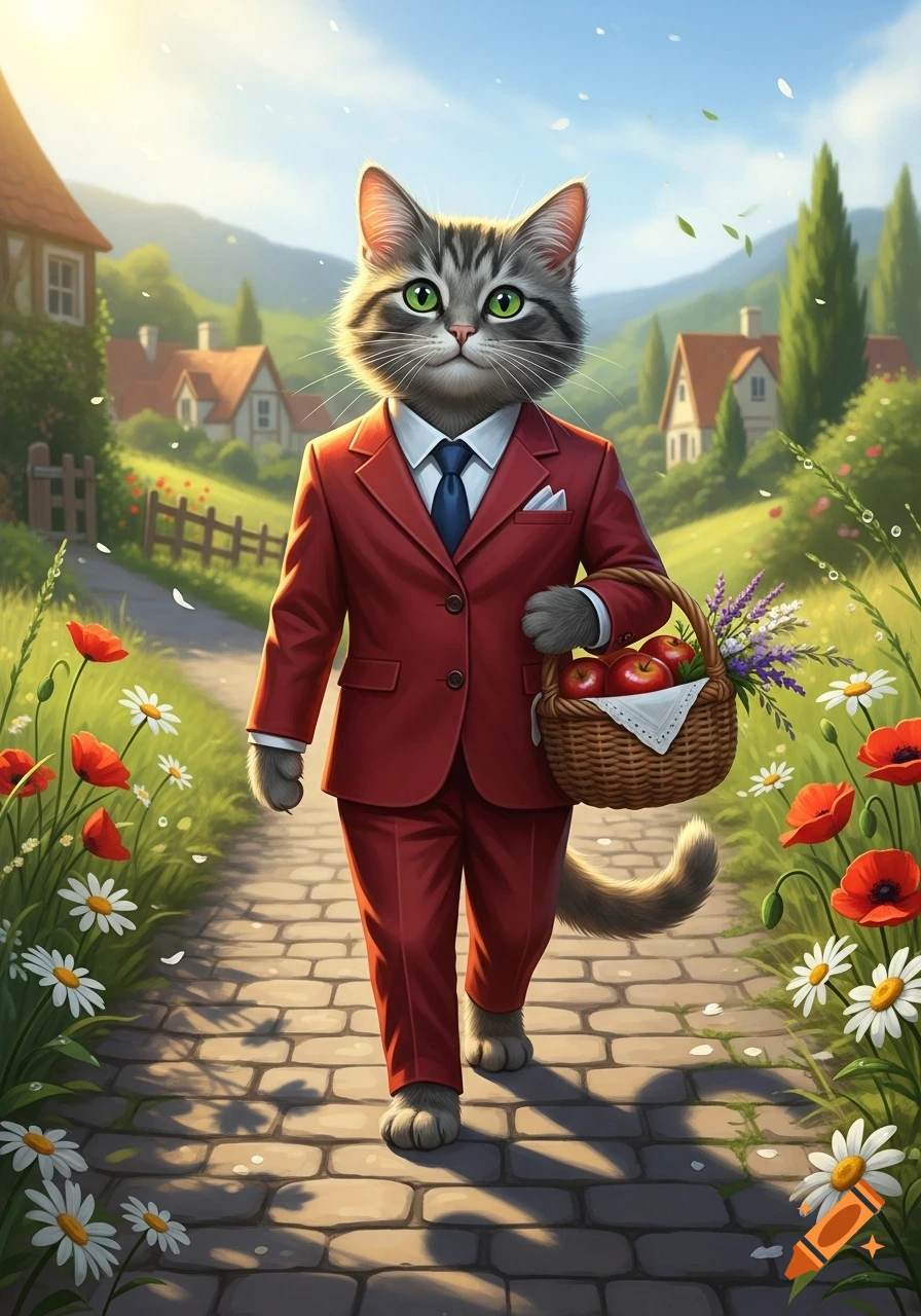 A cartoon cat in a red suit walks on a cobblestone path, carrying a basket of apples and flowers, through a sunny village.