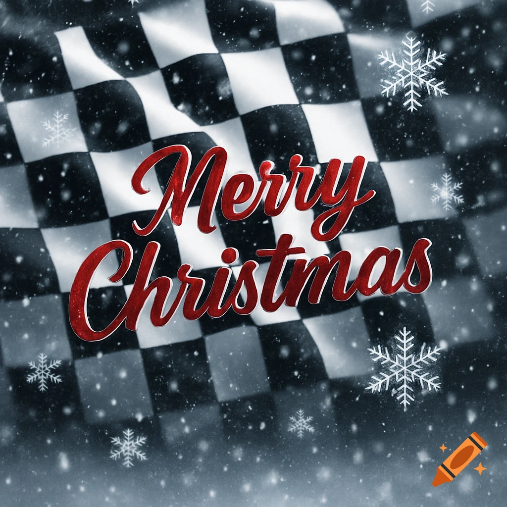 A red 'Merry Christmas' in cursive over a wavy checkered flag background with falling snow and snowflakes.