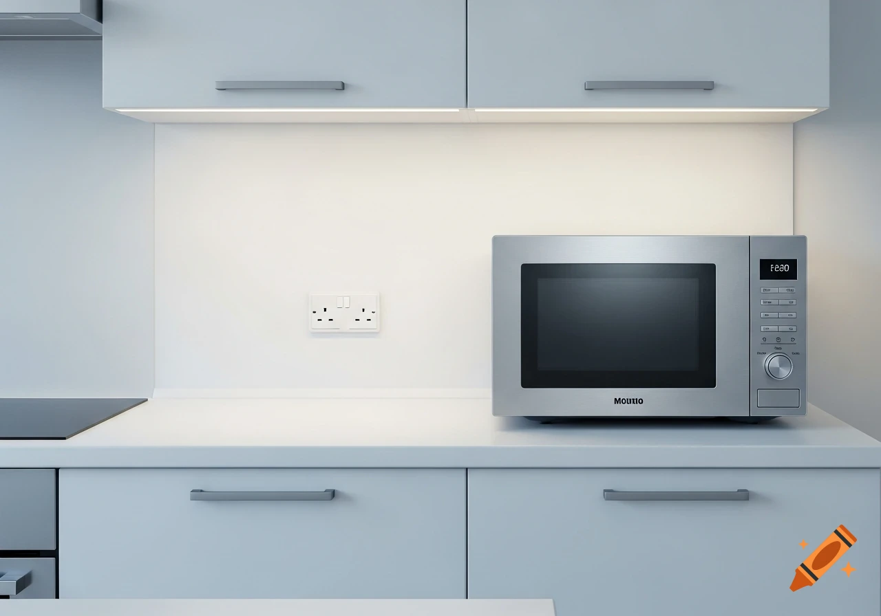 A sleek silver microwave sits on a white countertop beneath light gray cabinets in a modern kitchen.