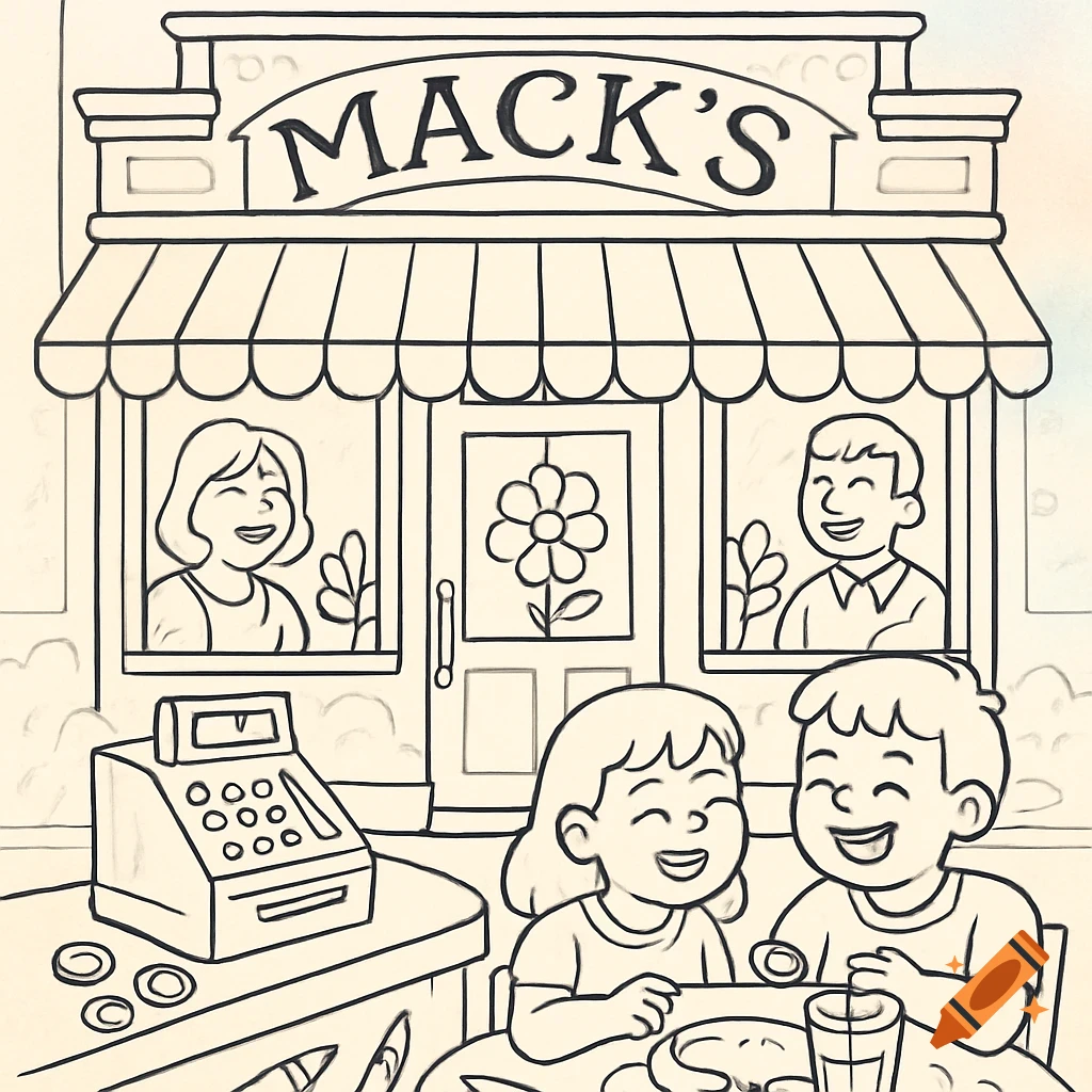 Line art coloring book page of Mack's restaurant with smiling adults and children.
