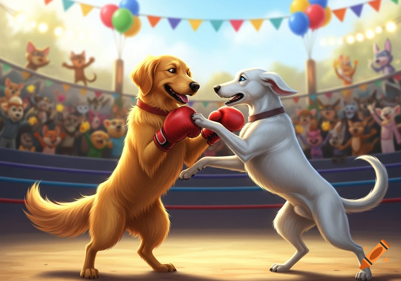 Cartoon golden retriever and white dog boxing in a ring with a cheering animal crowd.