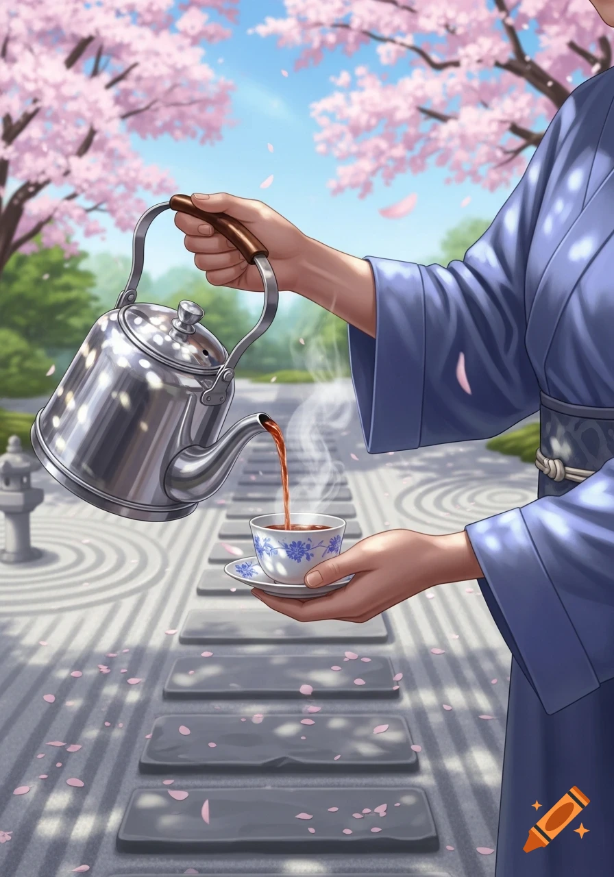 Anime illustration of hands in a blue kimono pouring tea in a cherry blossom zen garden.