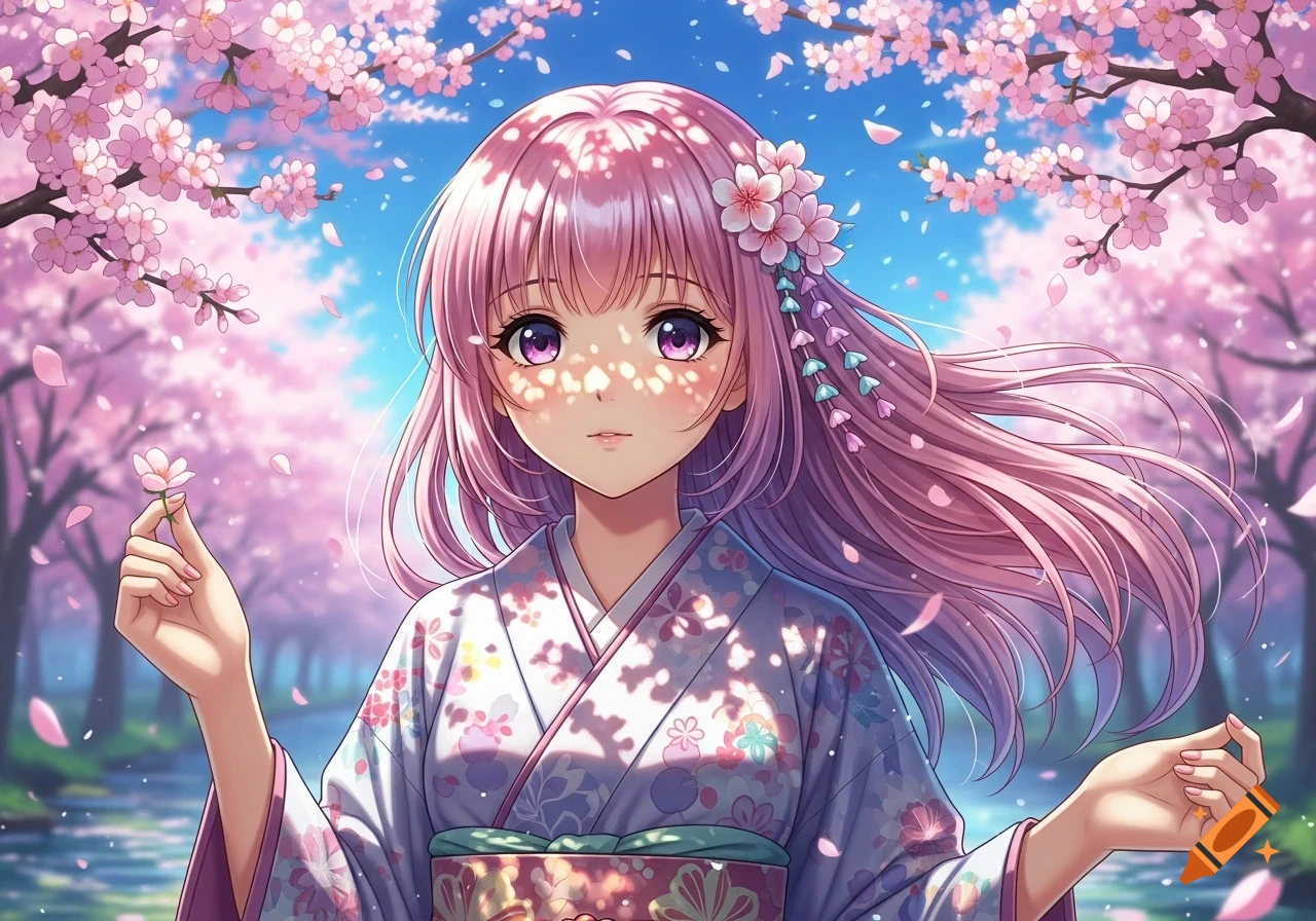 An anime girl with pink hair and purple eyes, wearing a kimono, holds a pink cherry blossom under blooming cherry trees.