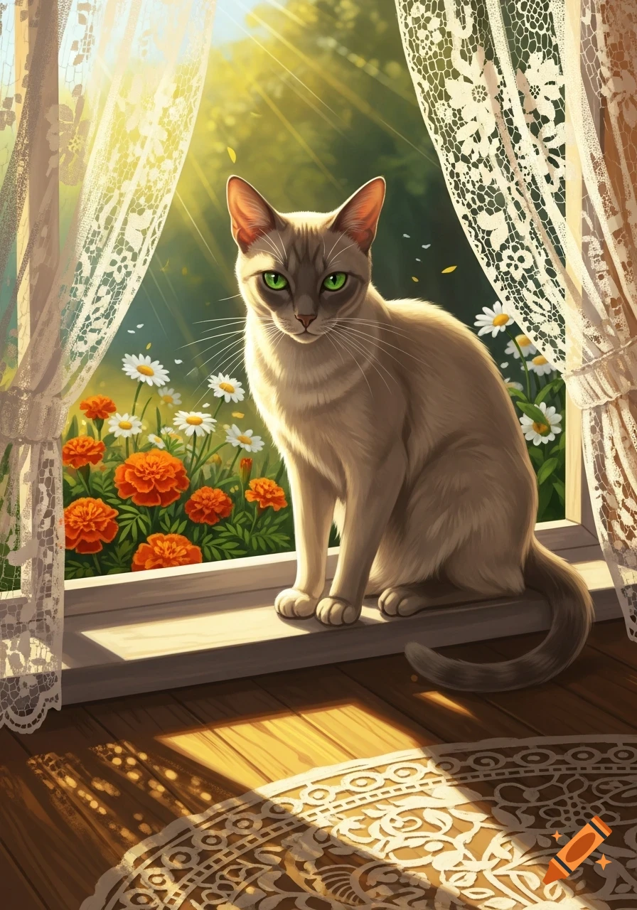 A light brown cat with green eyes sits on a sunny window sill, looking at orange and white flowers outside, framed by lace curtains.