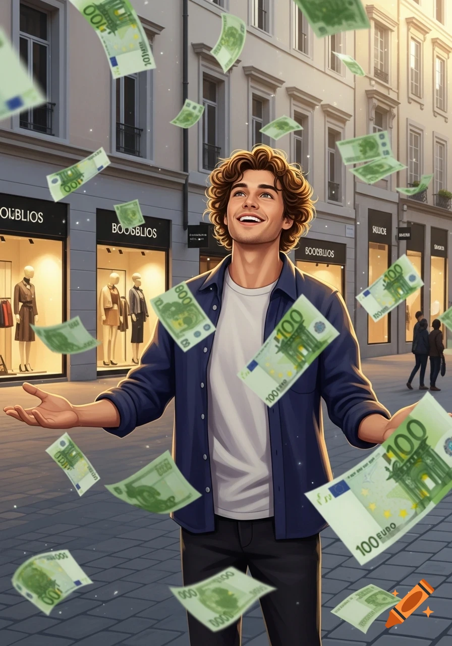 A young man with curly hair smiles joyfully as Euro banknotes fall around him on a bustling city street lined with shops.