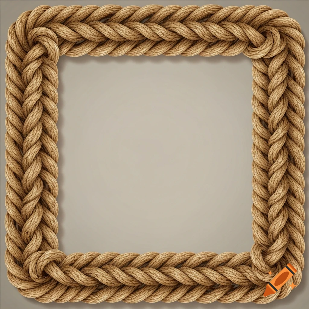 A square frame made of braided tan rope with knotted corners, set against a plain beige background.