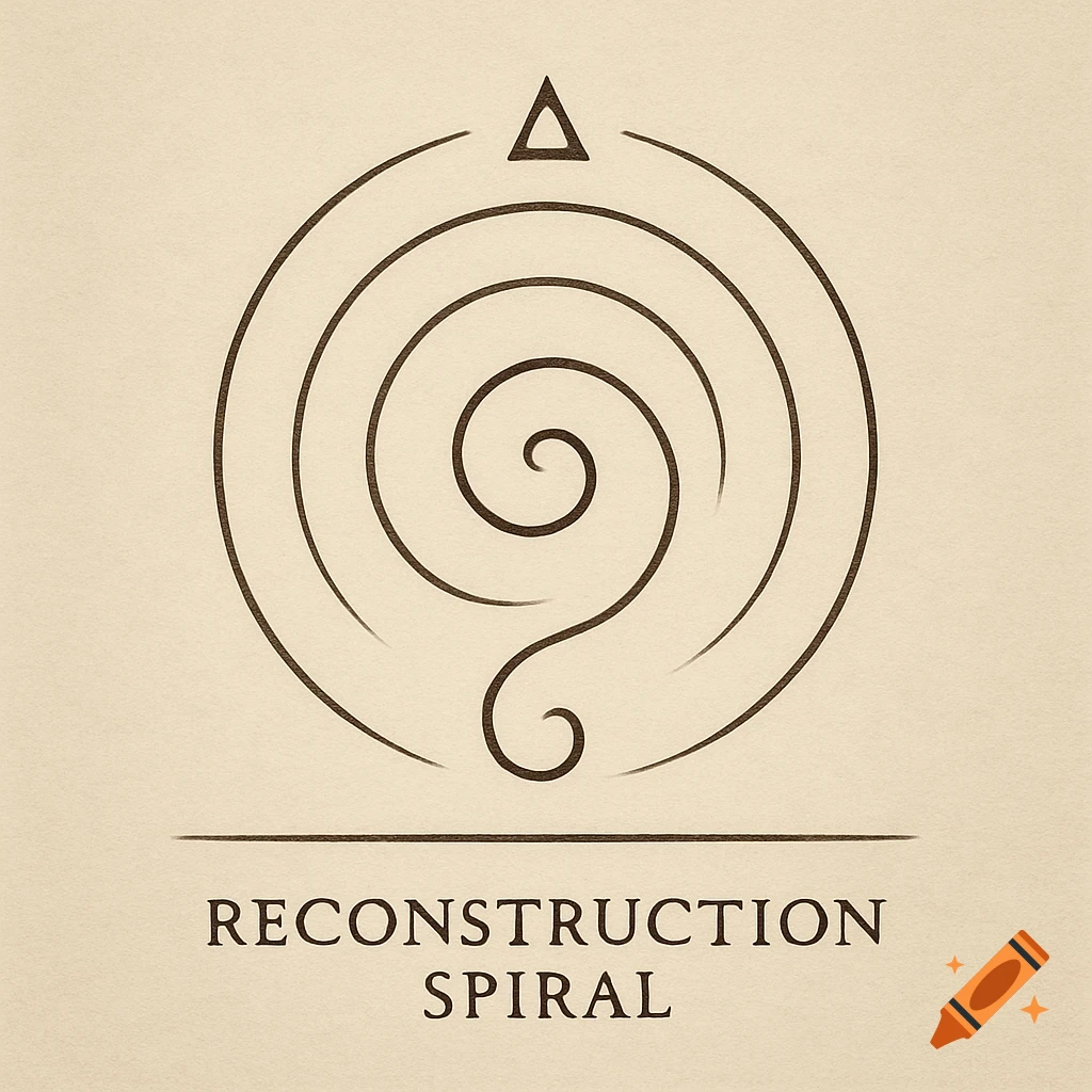 A minimalist sacred geometric sigil with a central spiral, three concentric arcs, an upward triangle, and a grounding line, titled "Reconstruction Spiral".