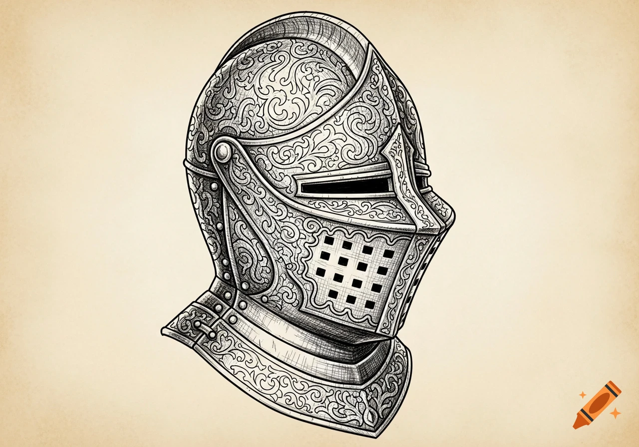 Detailed black and white sketch of an ornate medieval knight's helmet from a 45-degree view, on a parchment background.