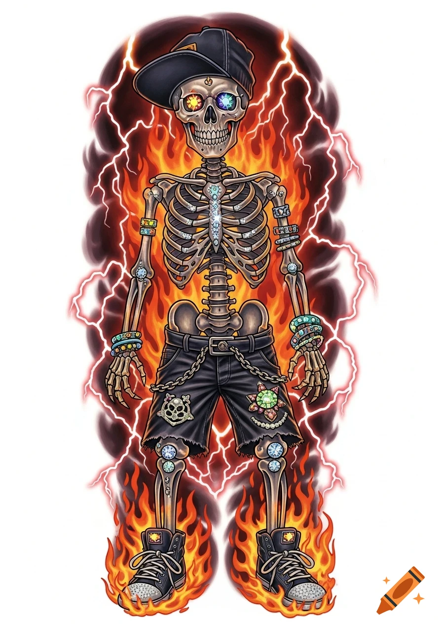 A vibrant tattoo-style illustration of a jeweled skeleton wearing a backward baseball cap, black shorts, and sneakers, surrounded by flames and lightning.