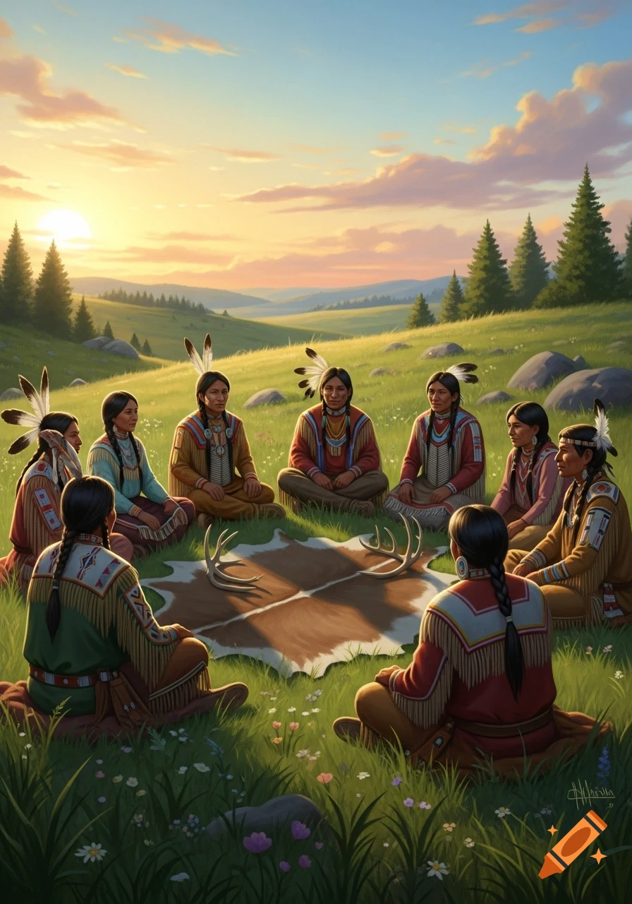 Nine Indigenous individuals in traditional attire sit in a circle on a grassy field at sunset, with a deer hide and antlers on the ground.