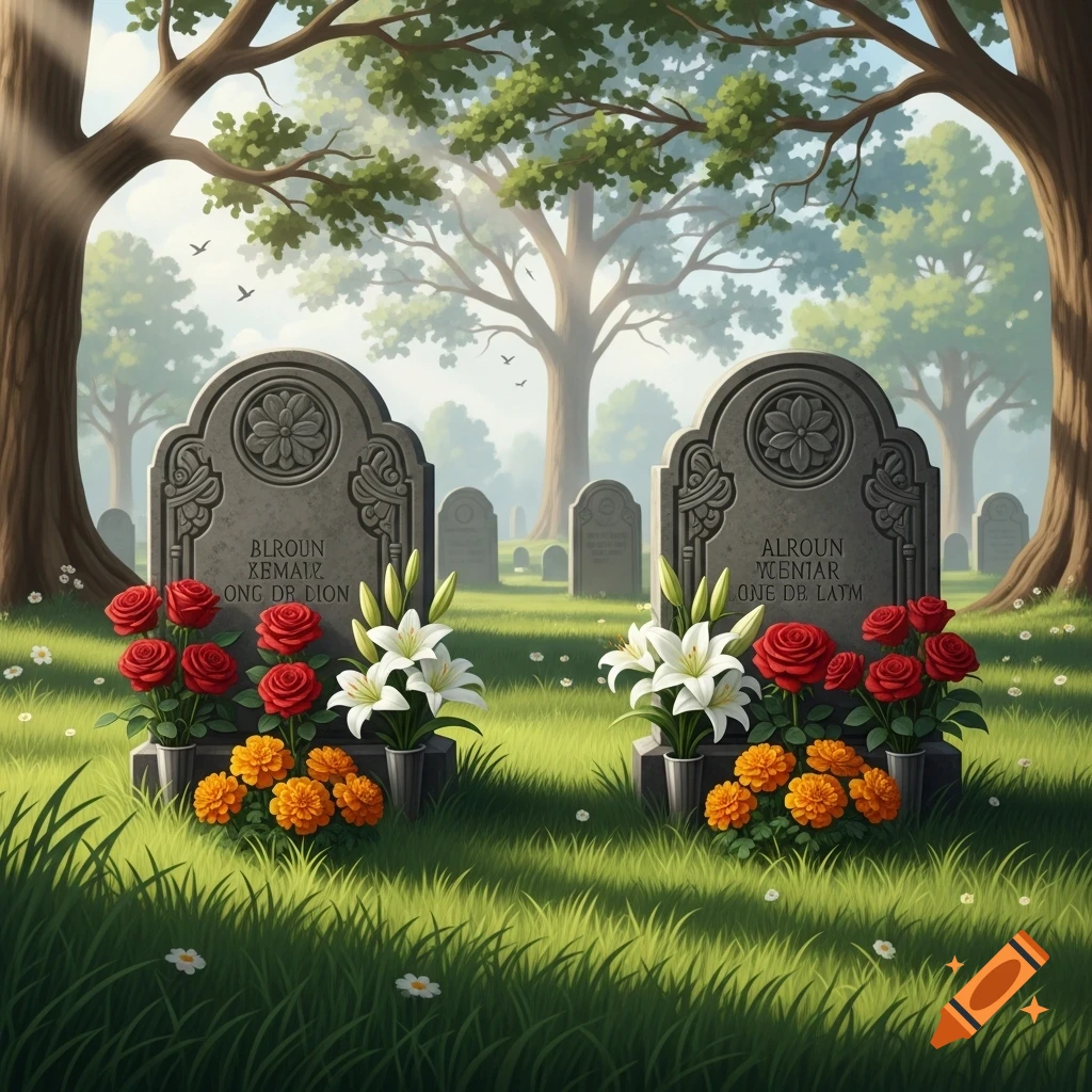 Two gravestones adorned with red, white, and orange flowers in a sunlit cemetery with large trees and green grass.