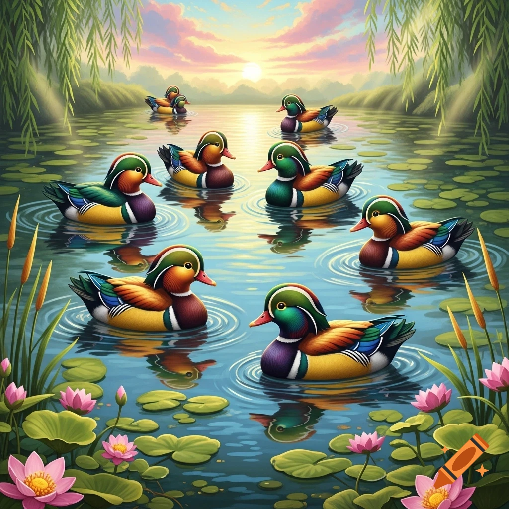 Vibrant illustration of many colorful mandarin ducks swimming in a ...