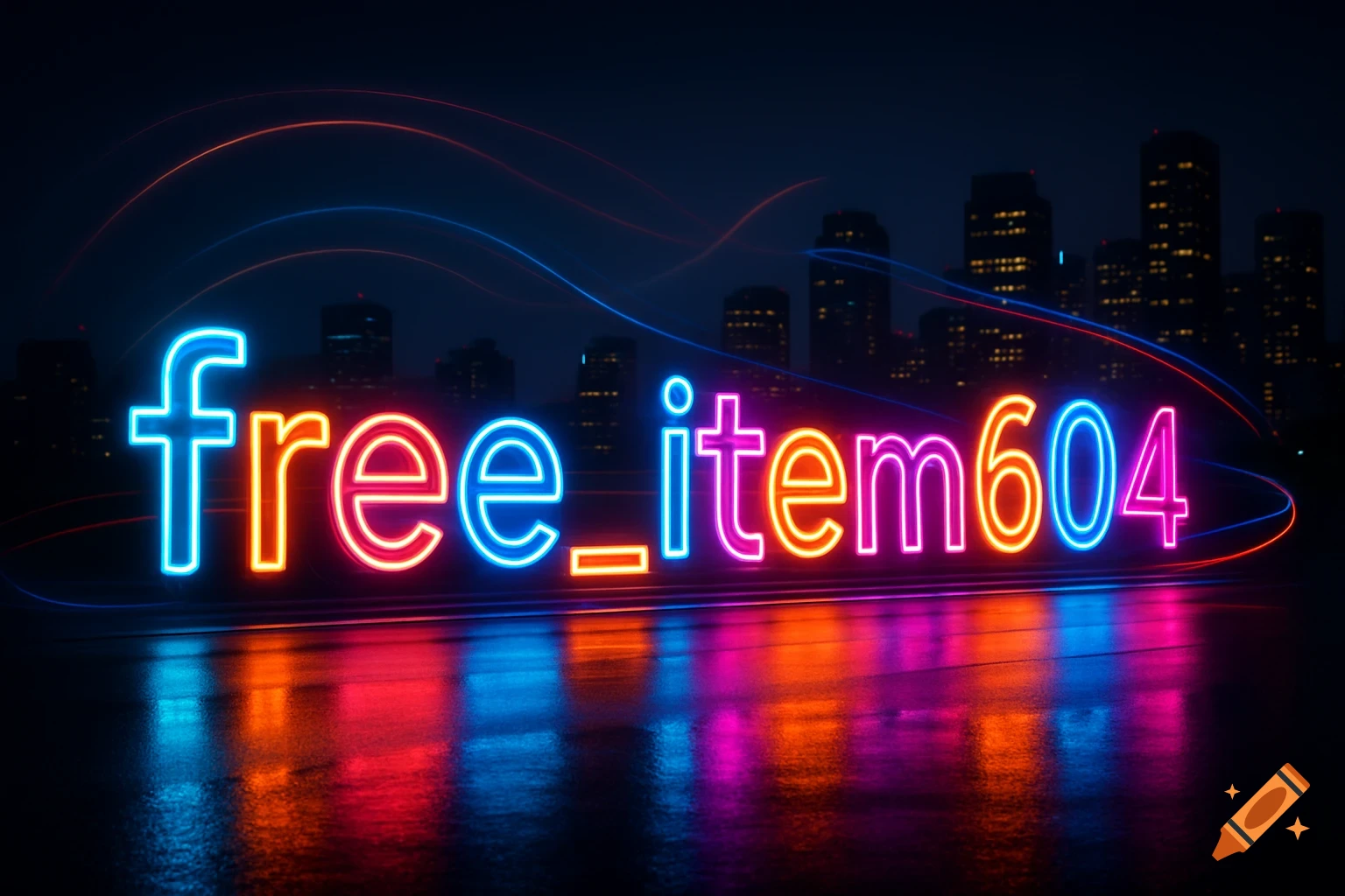 Neon sign displaying 'free_item604' above a city skyline at night, with reflections on a wet surface.