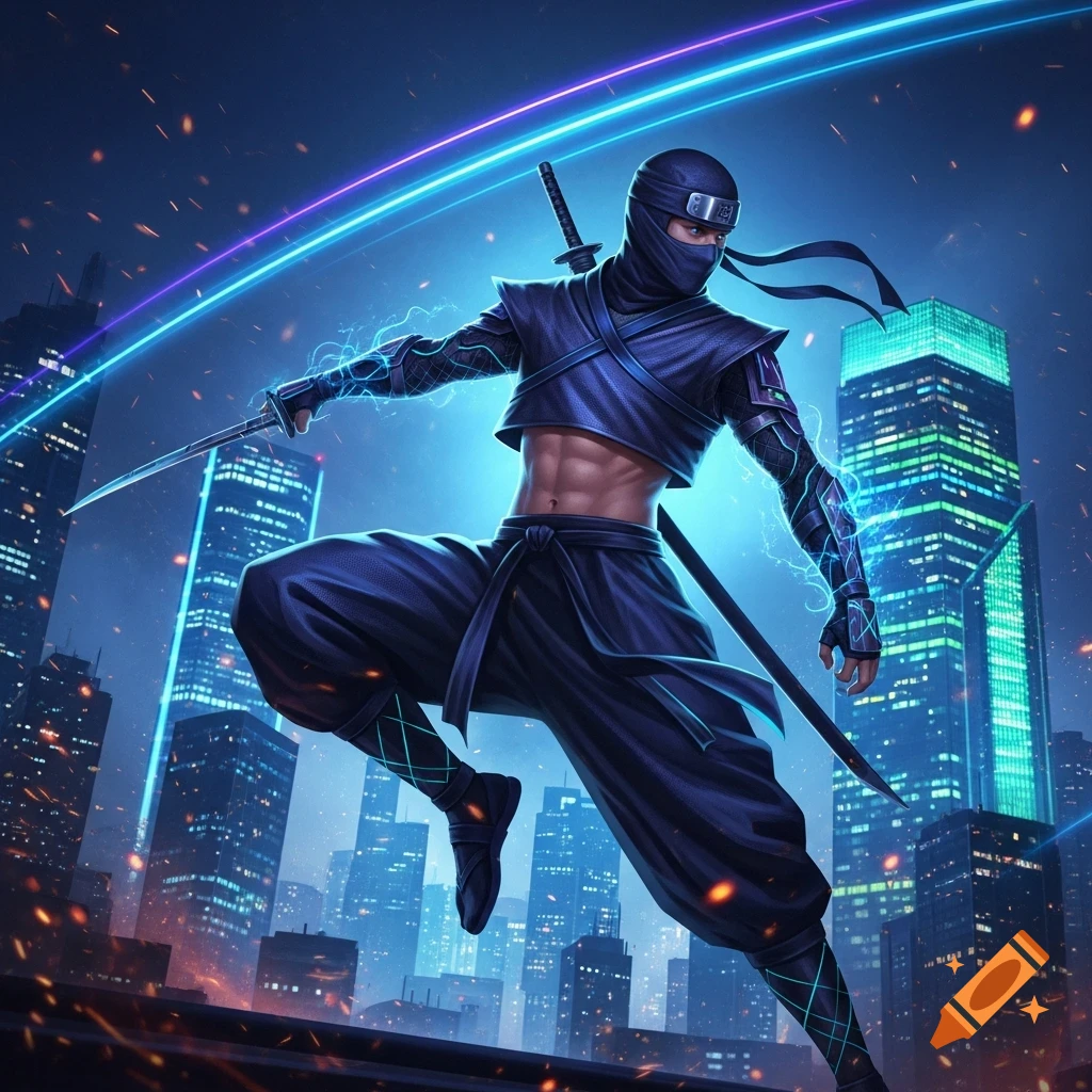 A ninja in a crop top jumps with a sword against a futuristic city skyline with neon lights and electrical effects.