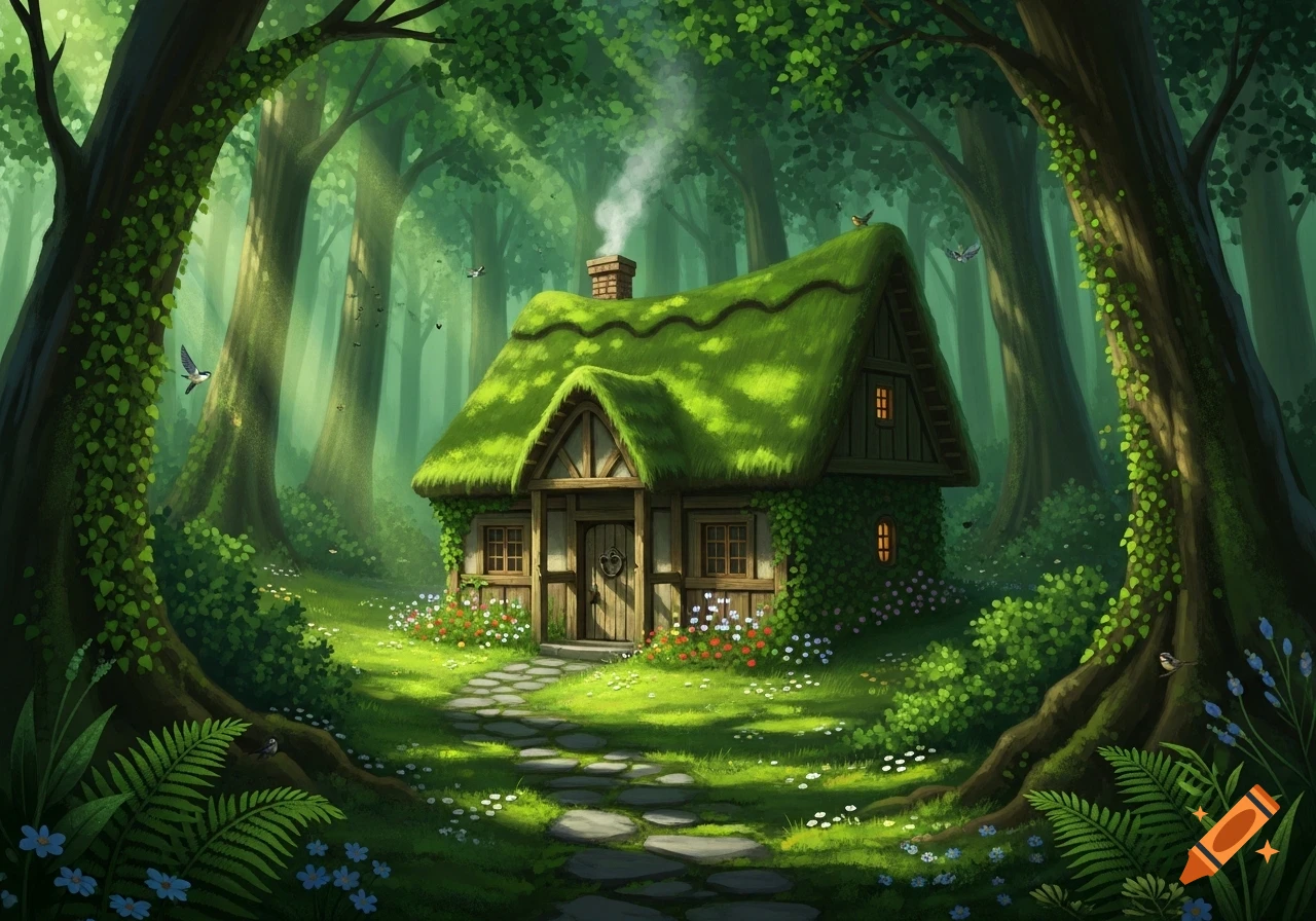 A cozy moss-covered cottage with a thatched roof sits at the end of a stone path in a lush, sunlit fantasy forest.