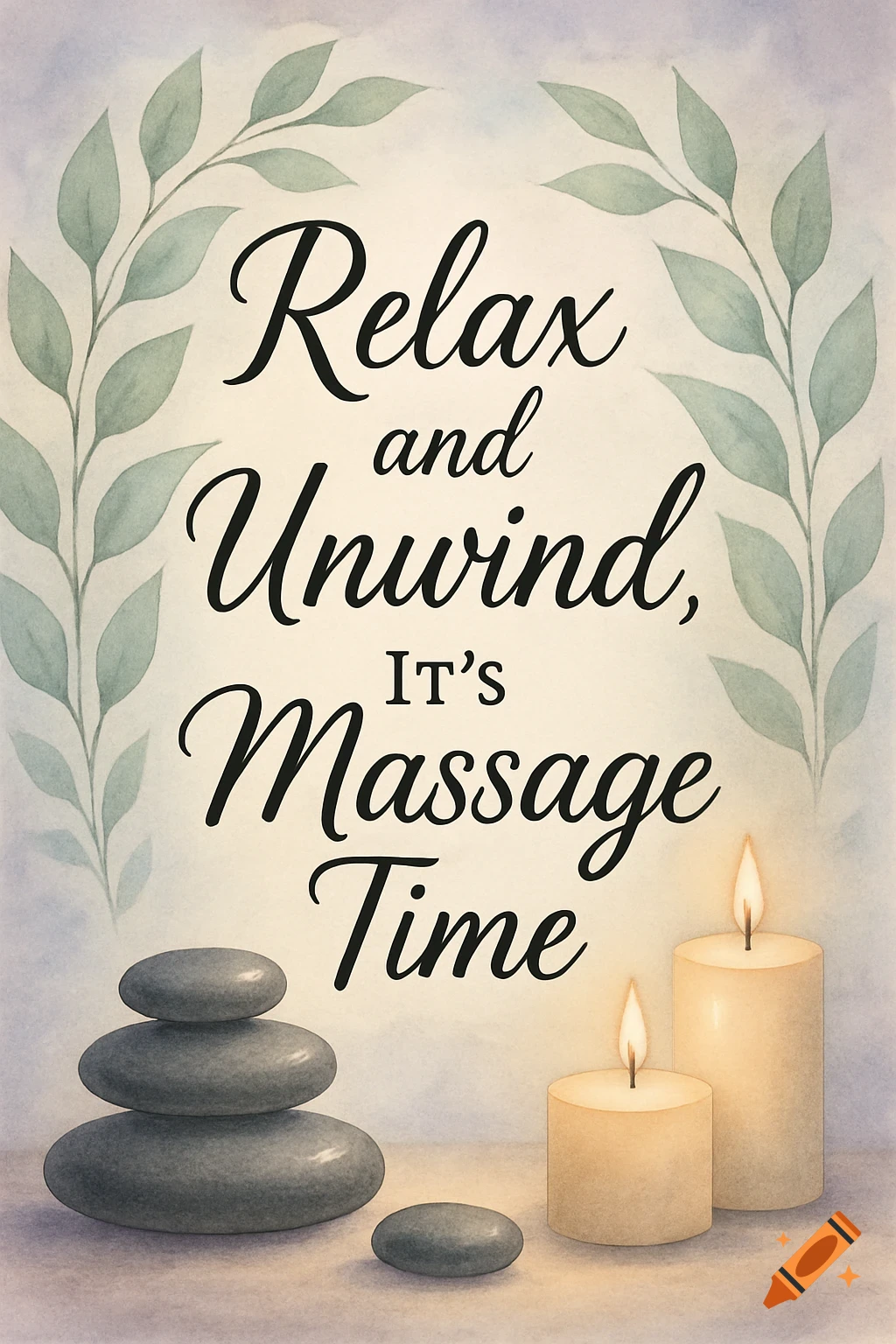 Watercolor art with 'Relax and Unwind, It's Massage Time' text, featuring stacked spa stones and lit candles with green leaves.