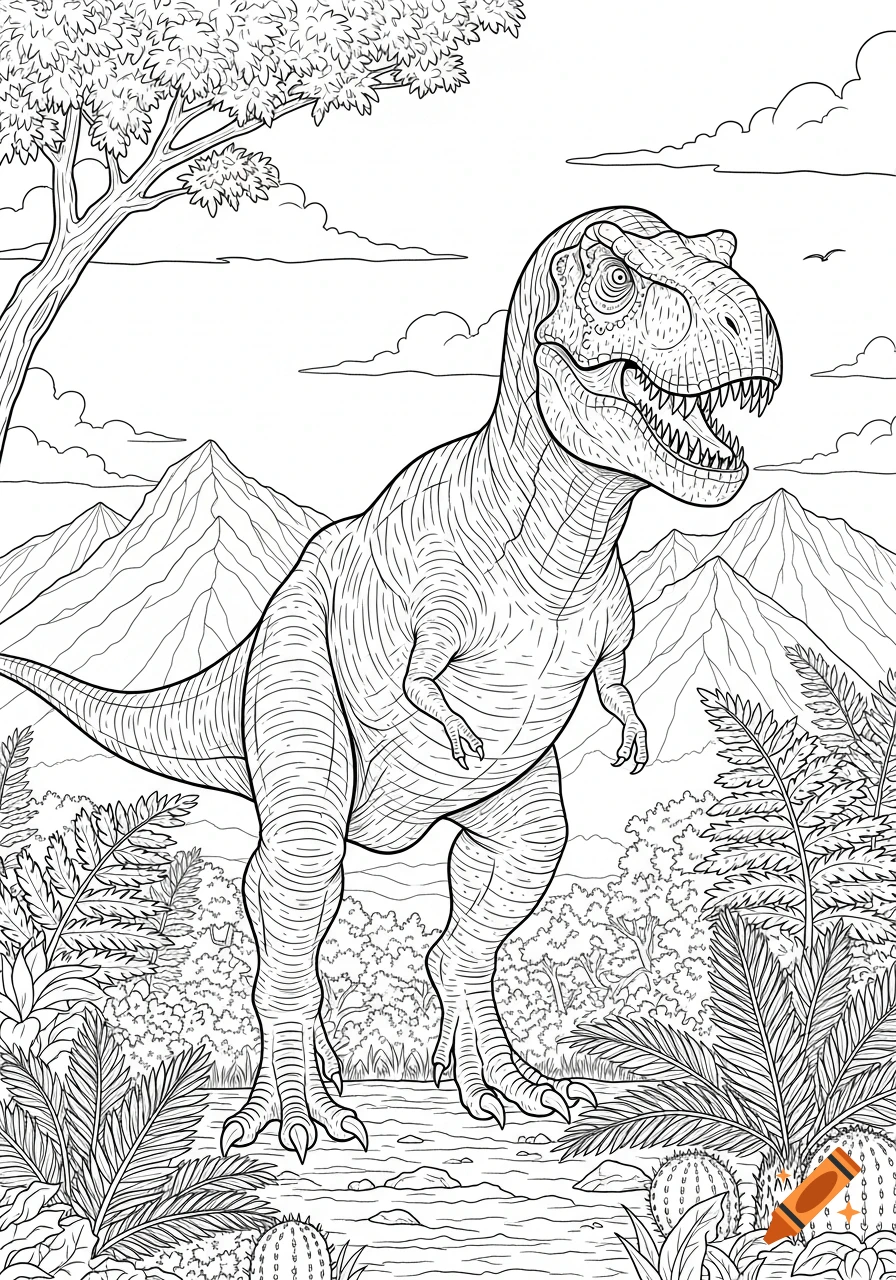 Line art of a T-Rex roaring in a prehistoric jungle landscape with mountains.