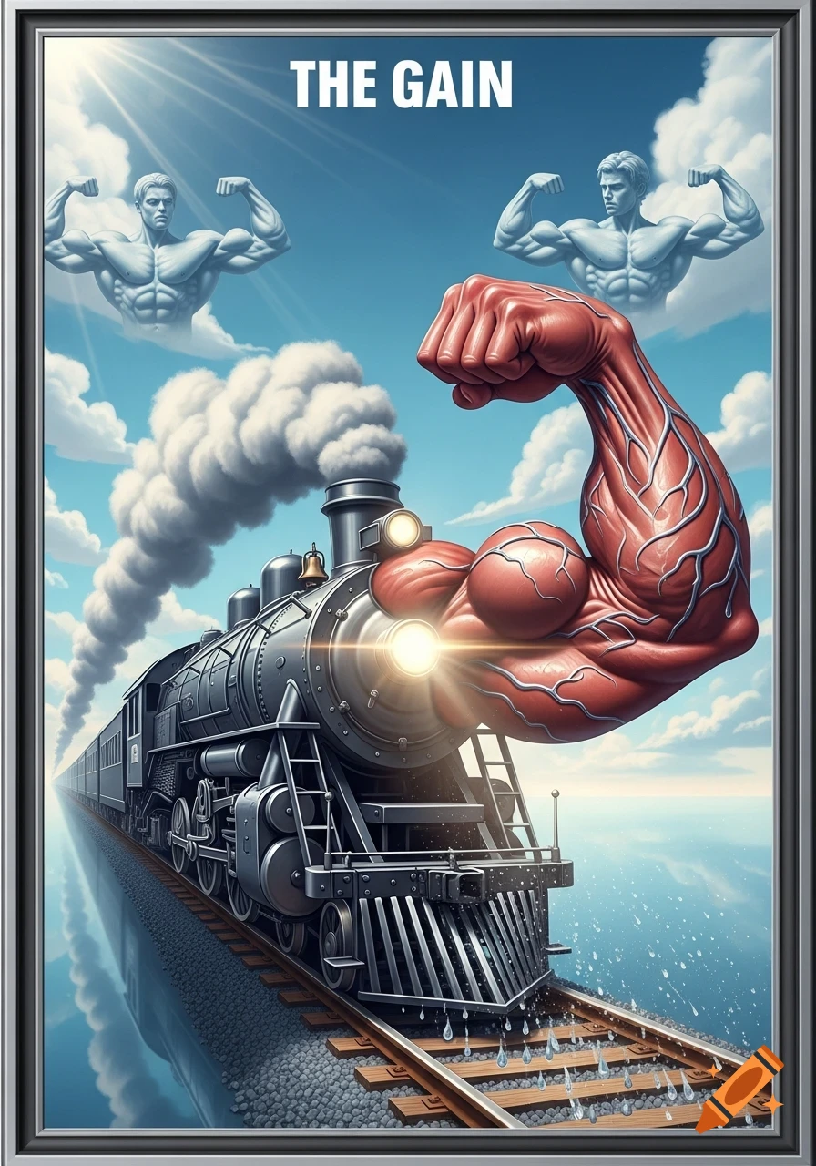 A stylized image featuring a vintage train with a giant red bicep attached to its front, steaming along tracks over water. Two muscular, statue-like figures flex in the blue sky amidst clouds, with the text 'THE GAIN' at the top.