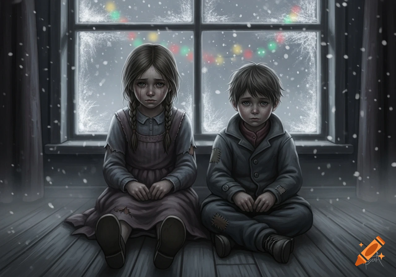 A melancholic illustration of two ragged children, a girl and a boy, sitting on a wooden floor by a frosted window with faint Christmas lights.