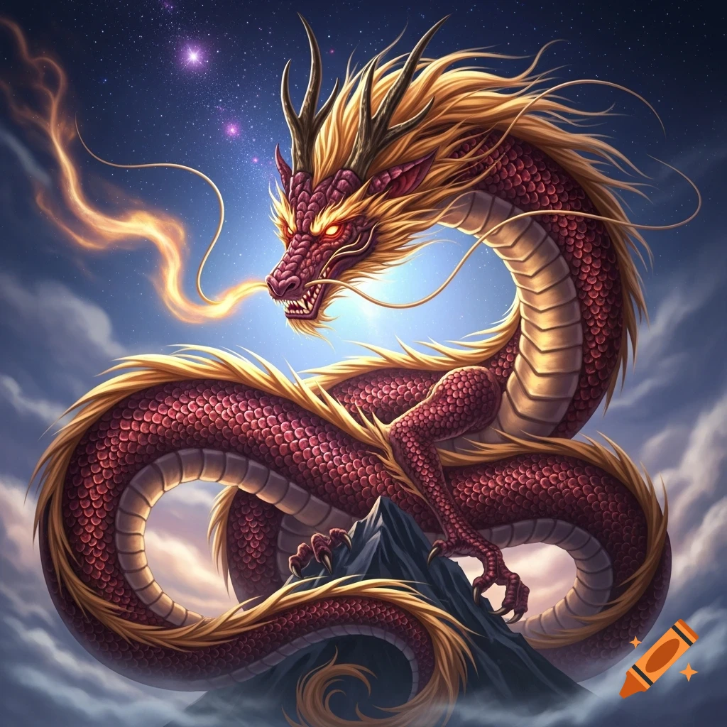 A majestic red and gold dragon with fiery eyes coils around a mountain ...
