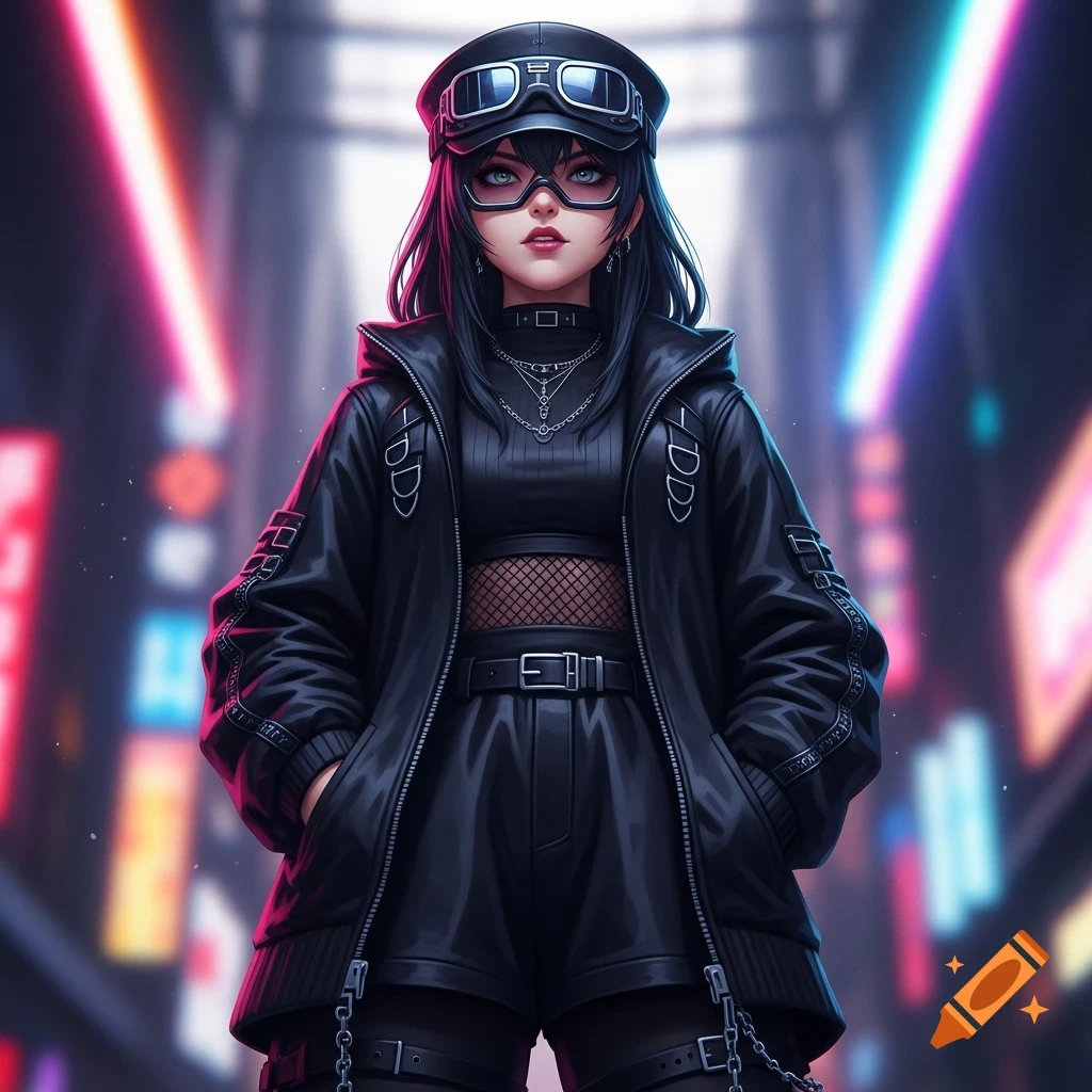 Anime goth girl in a black jacket, fishnet top, shorts, y2k hat and goggles, standing in a neon-lit cyber city street.