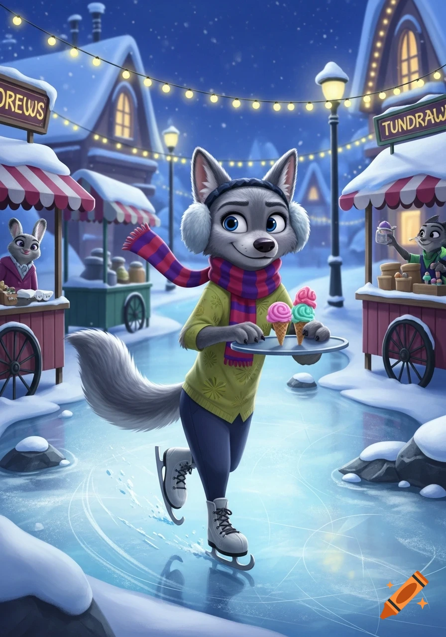 An anthropomorphic wolf ice skates through a snowy, night-time village, holding a tray with two ice cream cones. She wears a yellow sweater, ear muffs, and a striped scarf. Christmas lights string overhead.