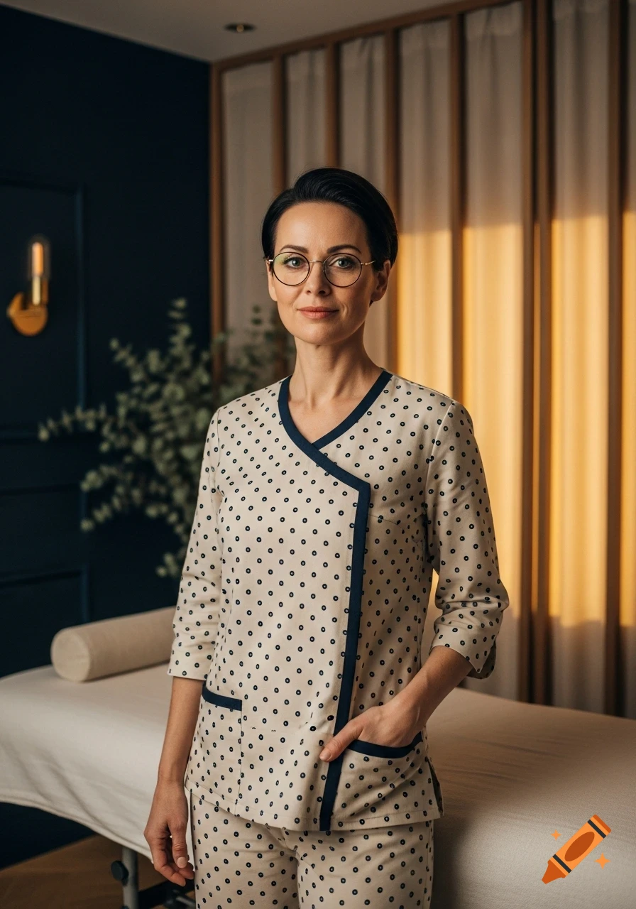 Professional European woman with short dark hair and glasses in a polka dot uniform, standing in a modern wellness room.