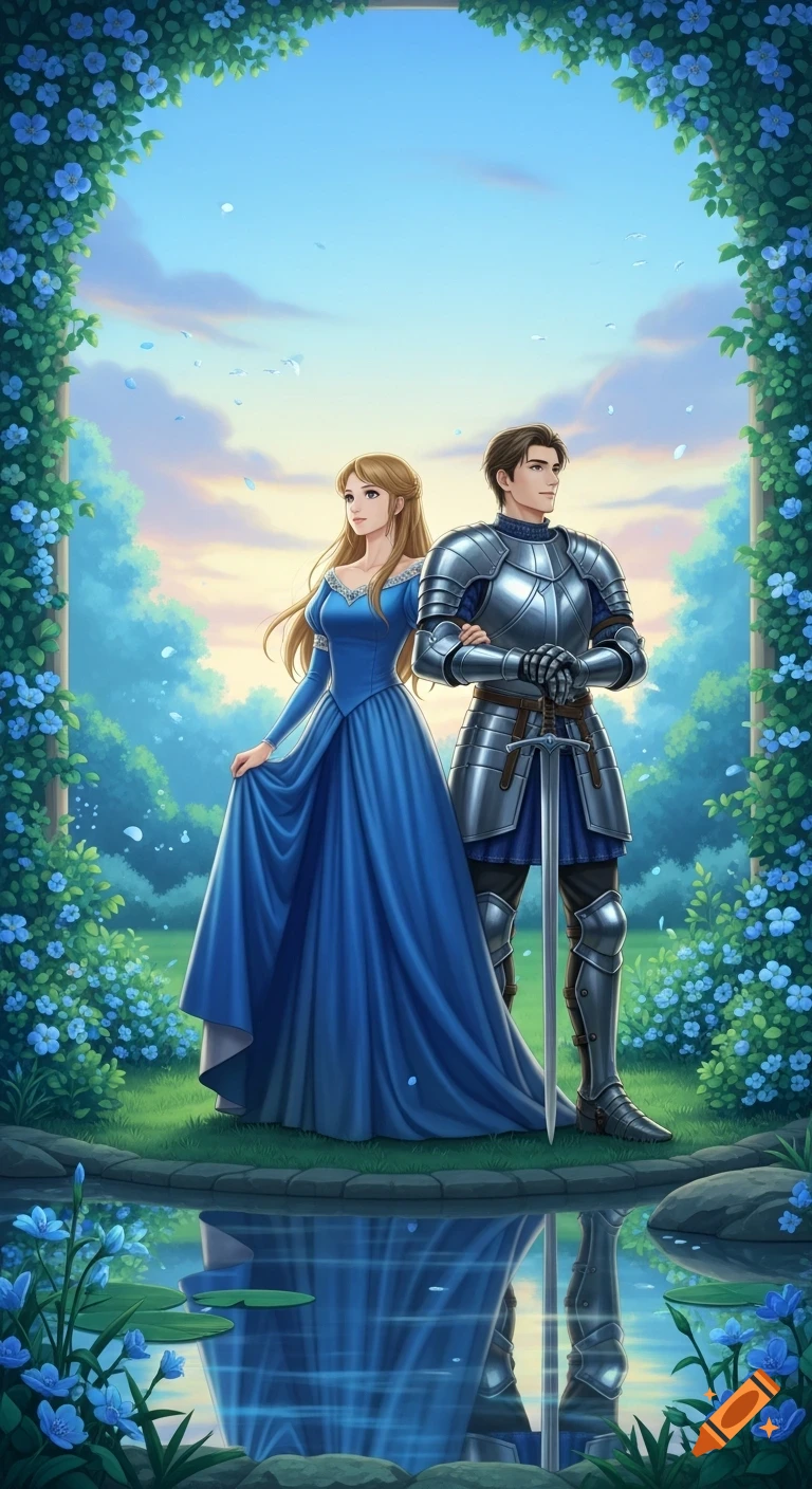 A princess in a blue gown and a knight in shining armor stand together in a beautiful blue floral garden, reflected in a pond. Anime style.