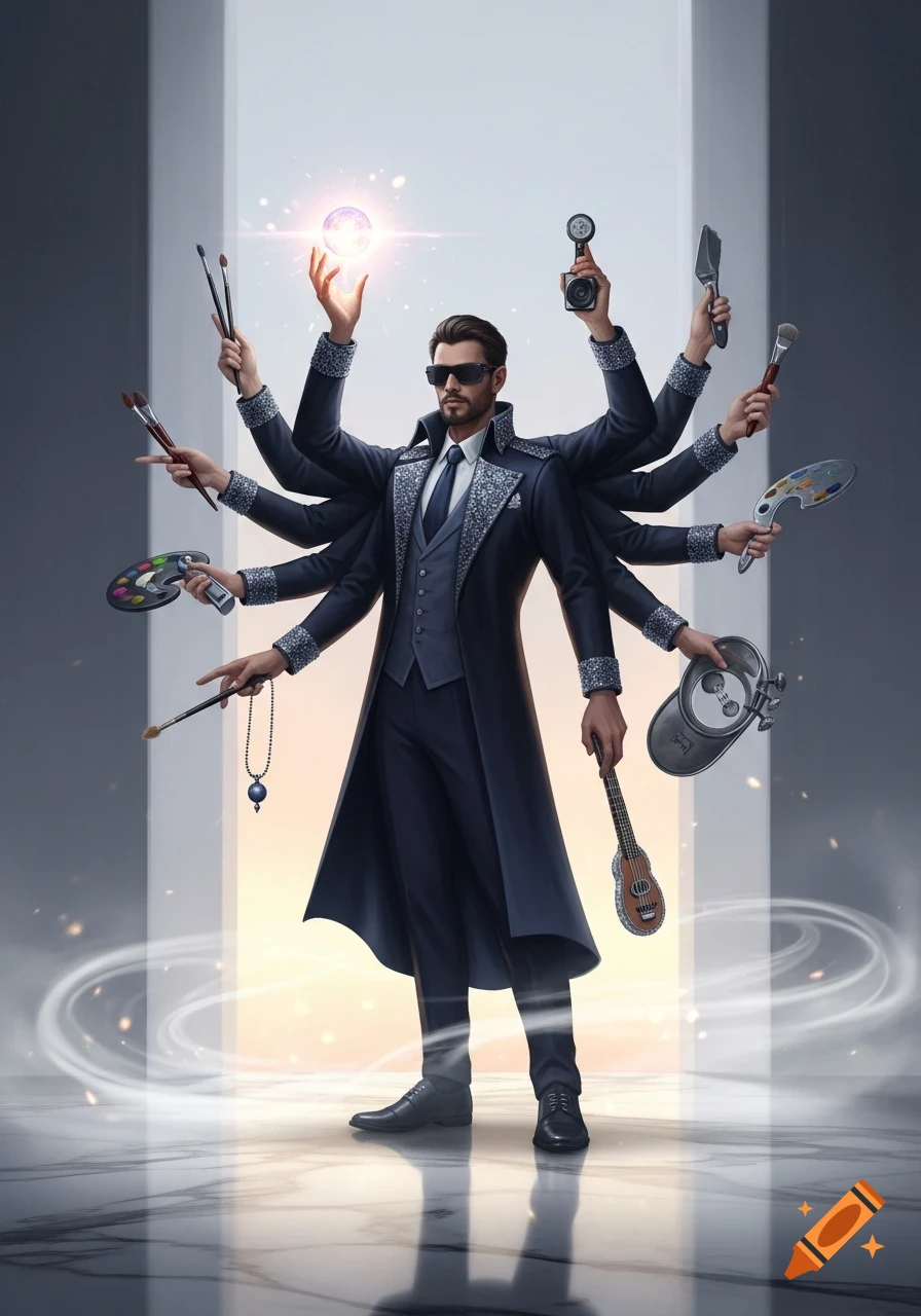 A stylish man in a suit and sunglasses with eight arms, each holding a creative tool, stands in a glowing doorway.