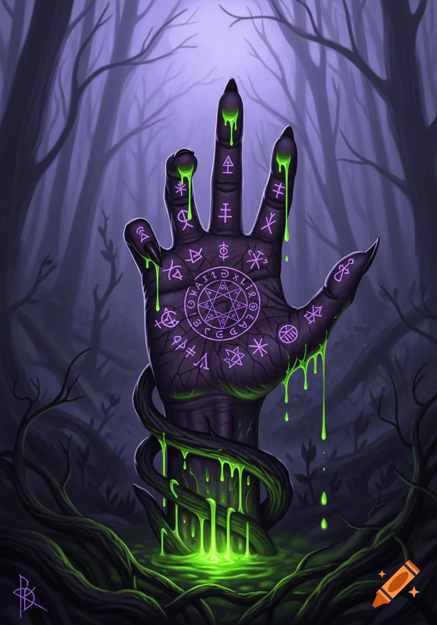 A dark, gnarled hand emerges from glowing green toxic liquid in a spooky forest, covered in glowing purple cryptic symbols.