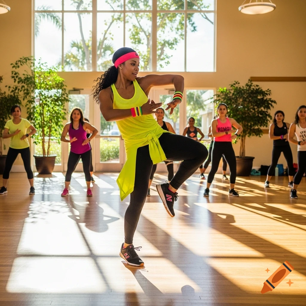 A group of women, led by a woman in a neon yellow top, performing Zumba in a brightly lit studio.
