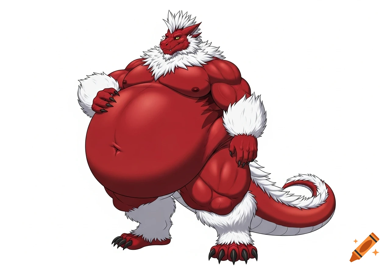 Cartoon illustration of an extremely obese red male anthropomorphic dragon with a colossal belly, white spiky mohawk, and thick white fur on a blank background.