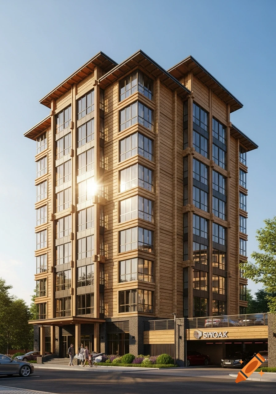 Photorealistic multi-story building with wooden siding, large windows, and attached parking garage, bathed in sunlight.