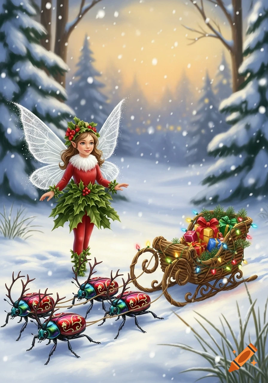 A whimsical Christmas fairy in a red and green dress stands in a snowy forest next to a sleigh full of gifts, pulled by colorful beetle-reindeer.