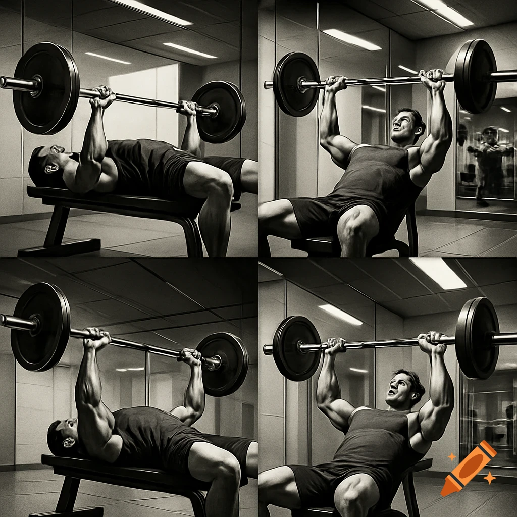A four-panel black and white image of a man performing barbell bench presses in a gym.