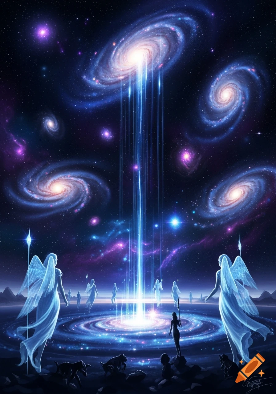 Angelic figures with glowing wings stand on a dark landscape under a cosmic sky filled with galaxies and a central beam of light.