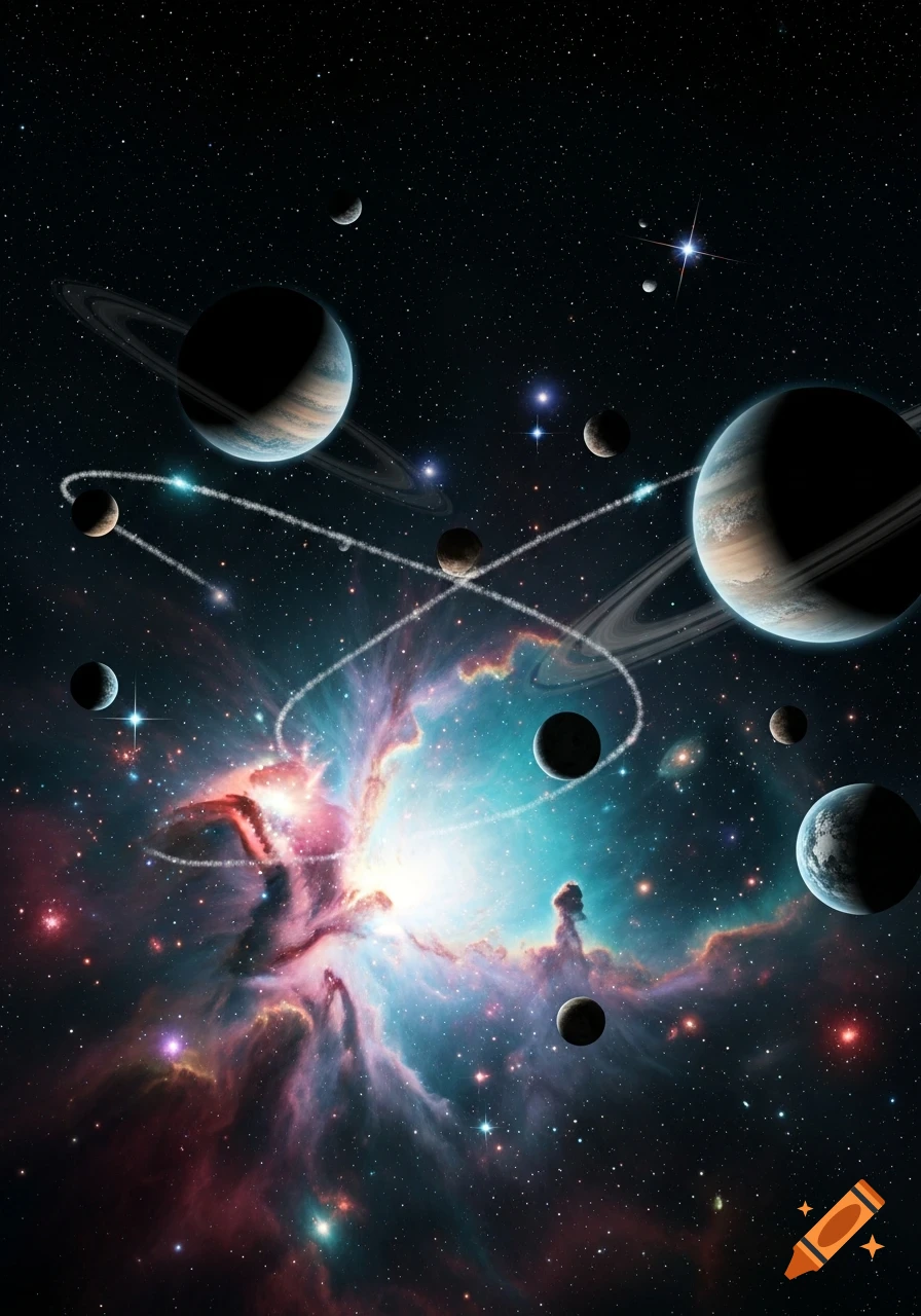 A vibrant cosmic scene featuring multiple planets, some with rings, surrounded by colorful nebulae and countless stars.