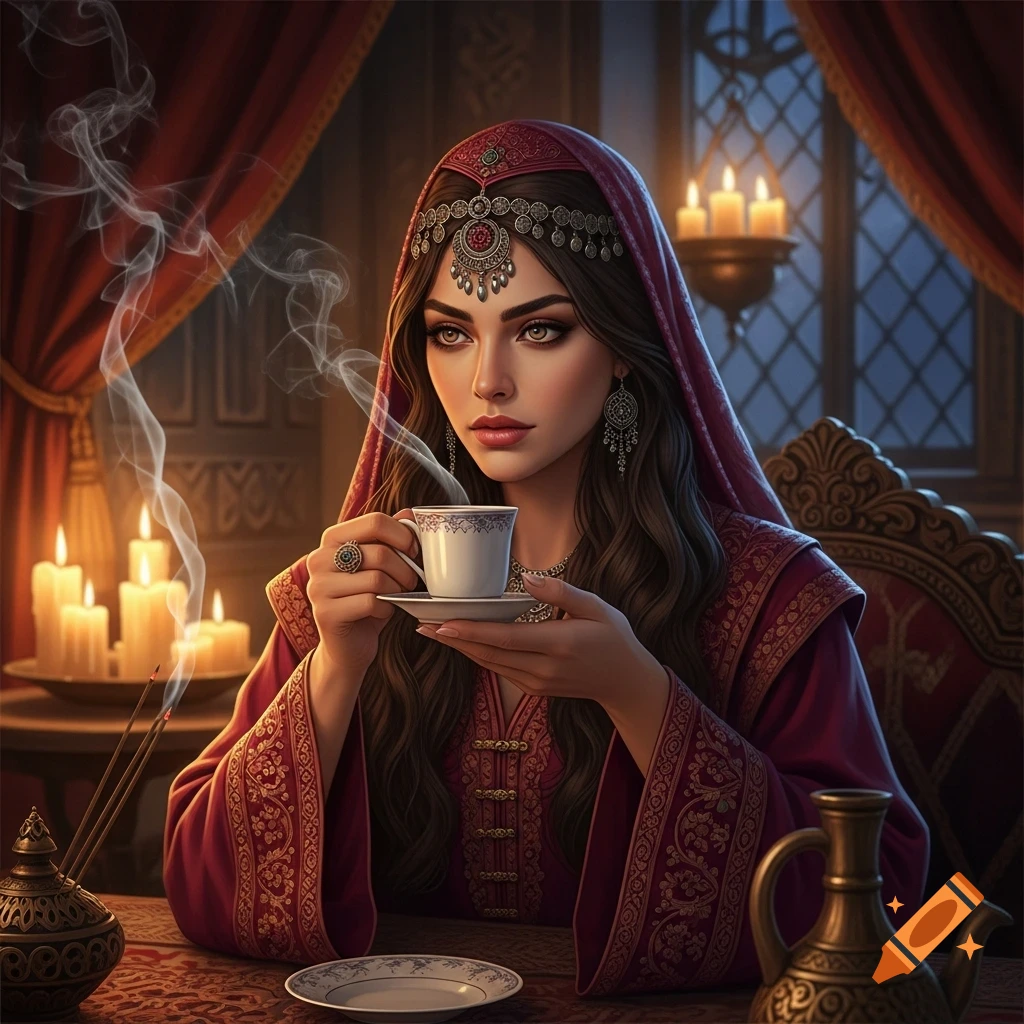 A woman in ornate traditional attire holding a teacup, sitting at a table with incense and candles in a warmly lit, atmospheric room.