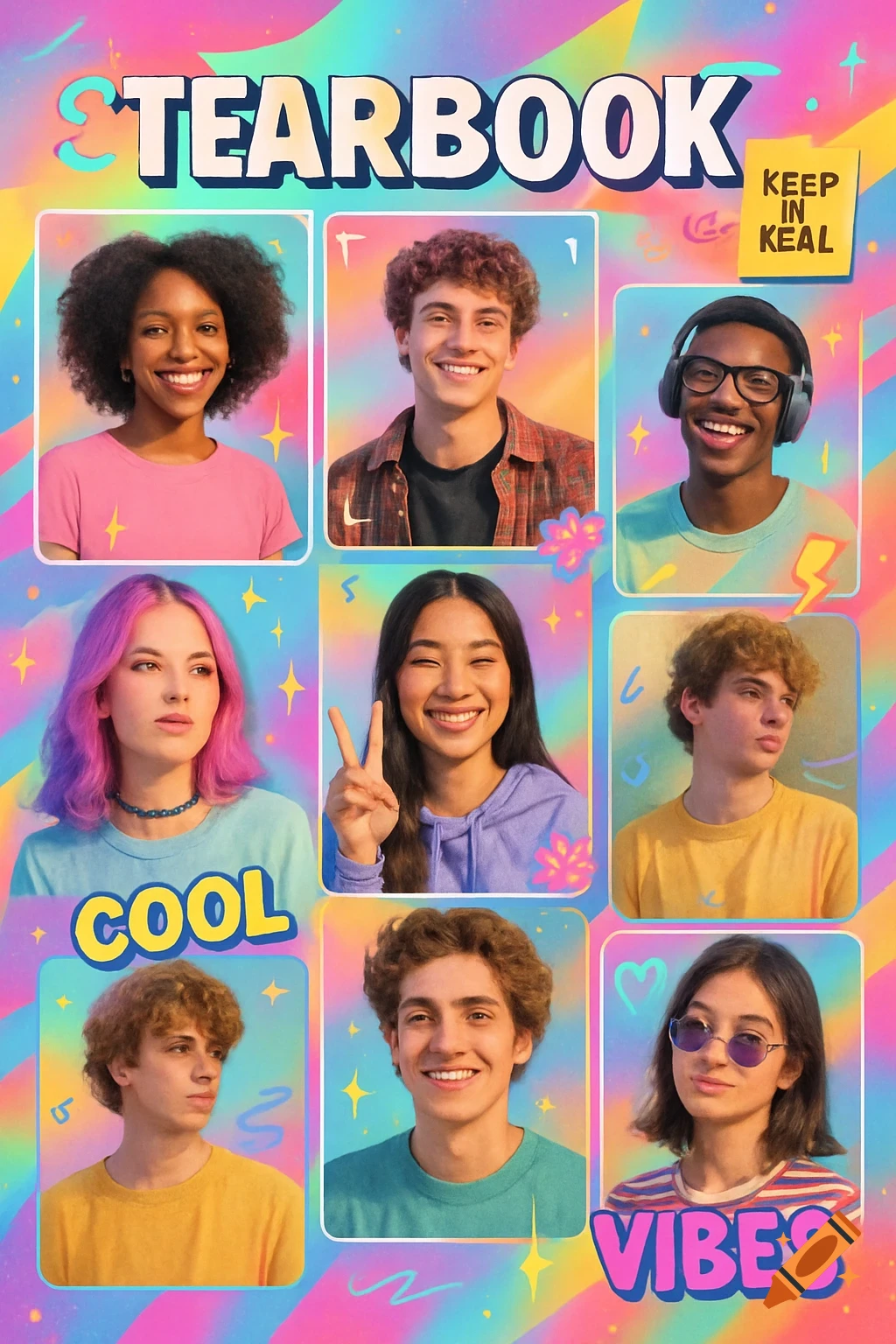 A vibrant, colorful yearbook cover featuring a grid of nine smiling Gen-Z student portraits with bold text 'YEARBOOK', 'COOL', 'VIBES'.