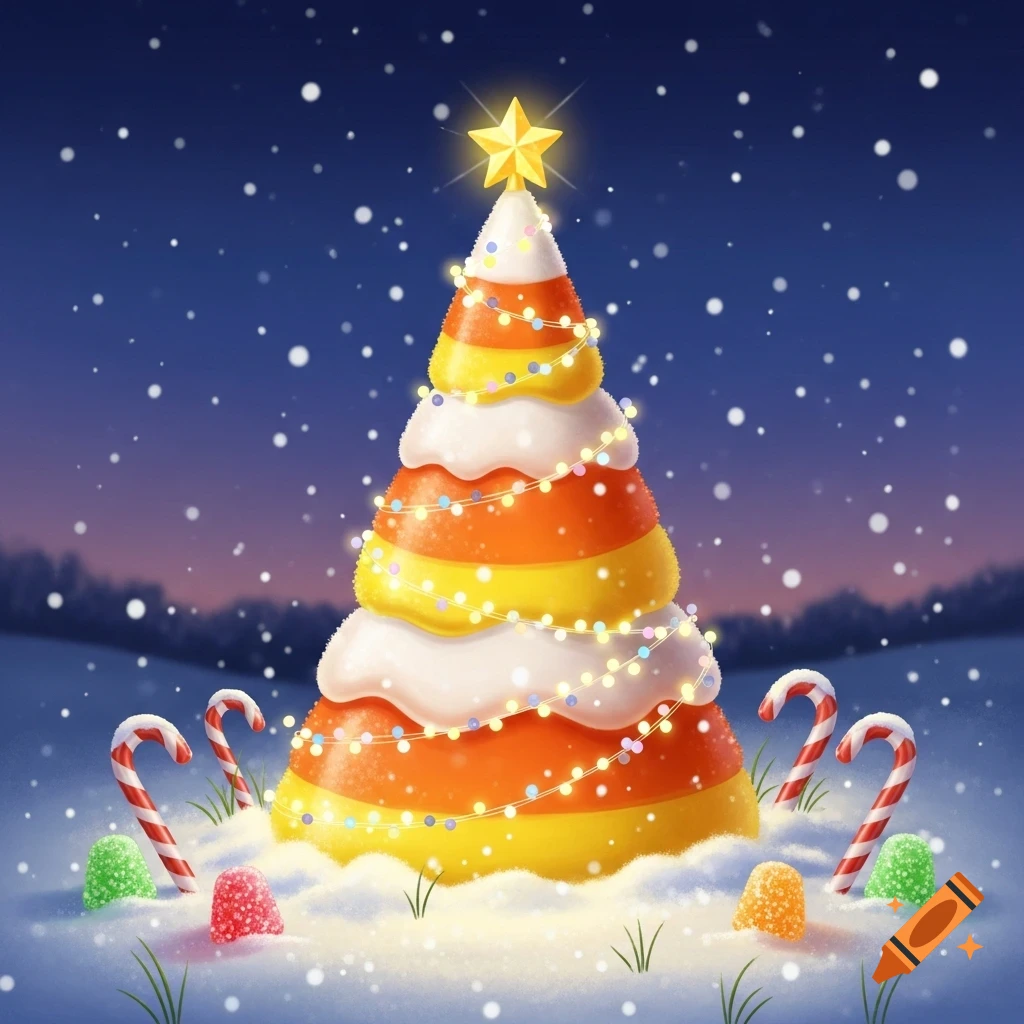 A whimsical candy corn Christmas tree adorned with string lights and a star on top, surrounded by snow, candy canes, and gumdrops.