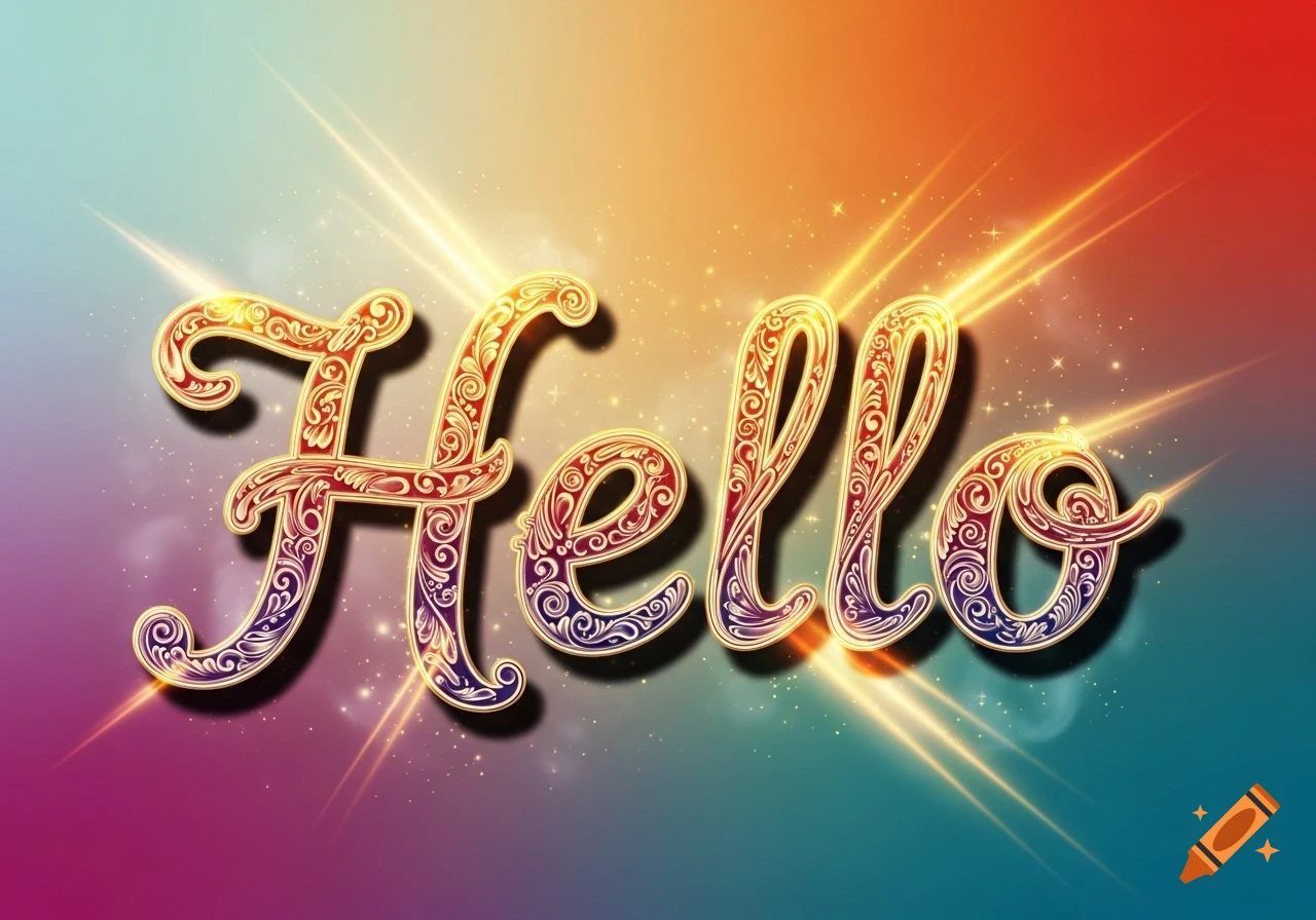 The word 'Hello' in a vibrant, decorative, glowing font against a colorful gradient background with light streaks.