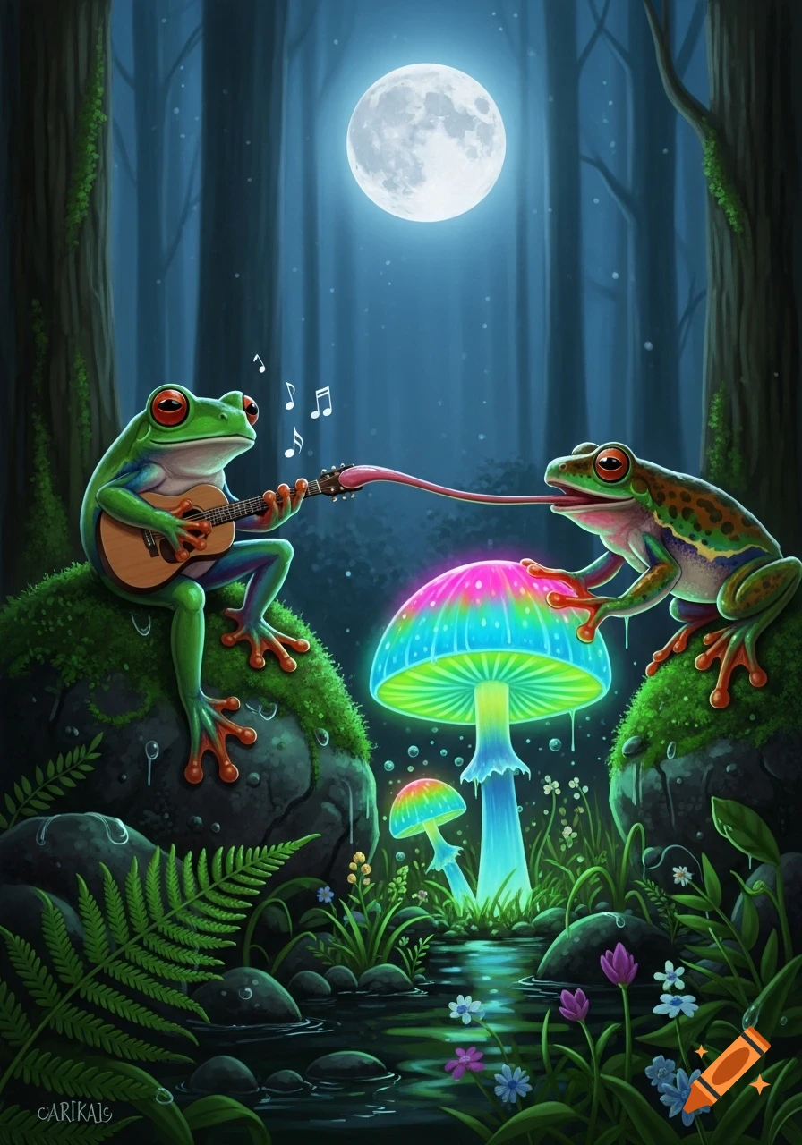 Vibrant illustration: A frog plays guitar, another licks a glowing mushroom in a magical forest under a full moon.